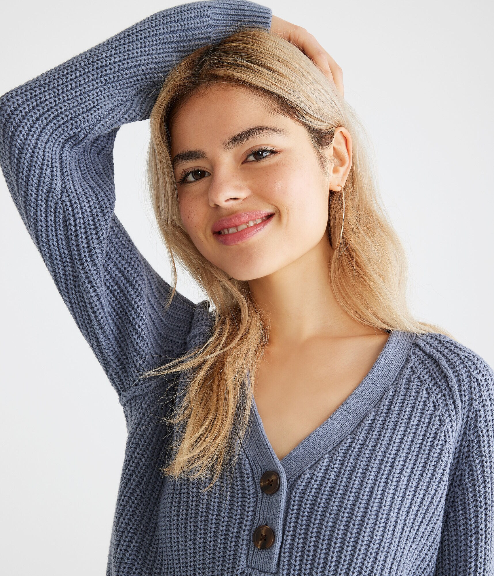 Ribbed Cropped V-Neck Henley Sweater
