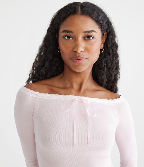 3/4 Sleeve Ribbon Off-The-Shoulder Tee 3/4 Sleeve Ribbon Off-The-Shoulder Tee