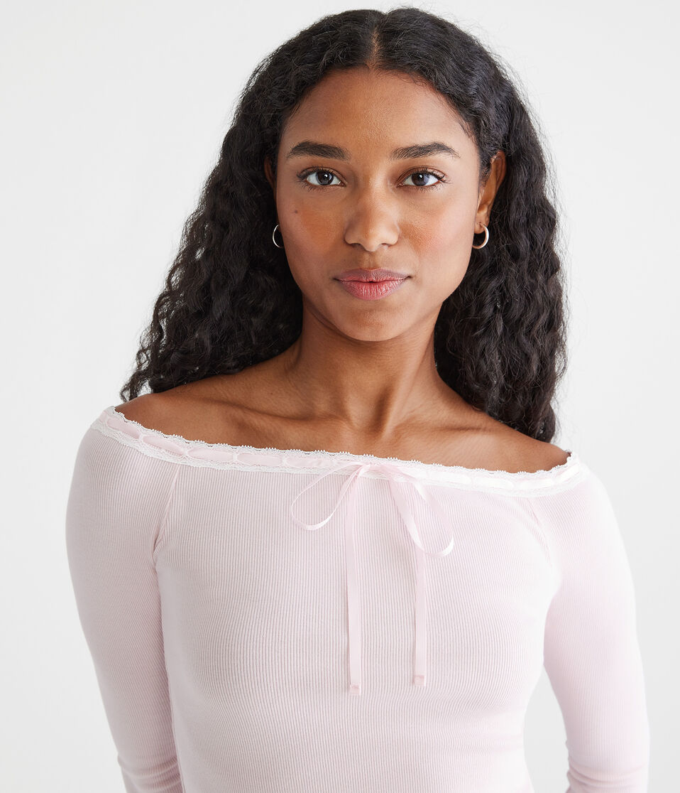 3/4 Sleeve Ribbon Off-The-Shoulder Tee