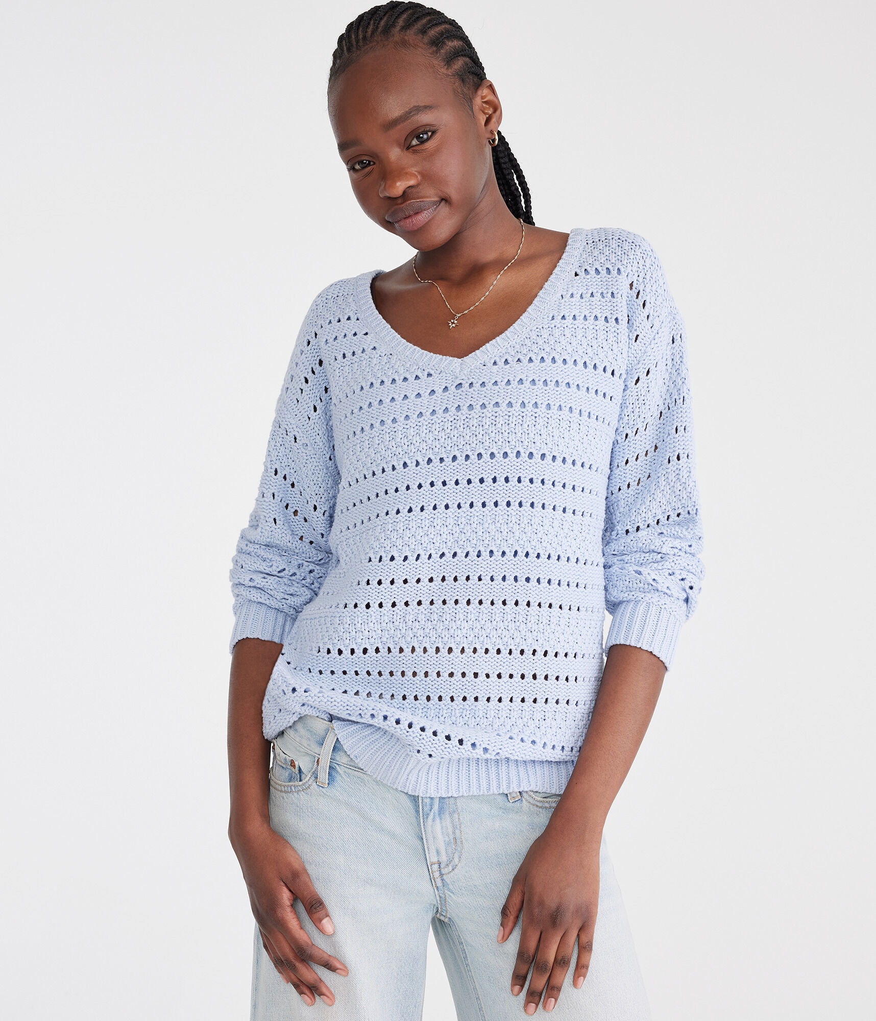 Solid Open-Knit V-Neck Sweater