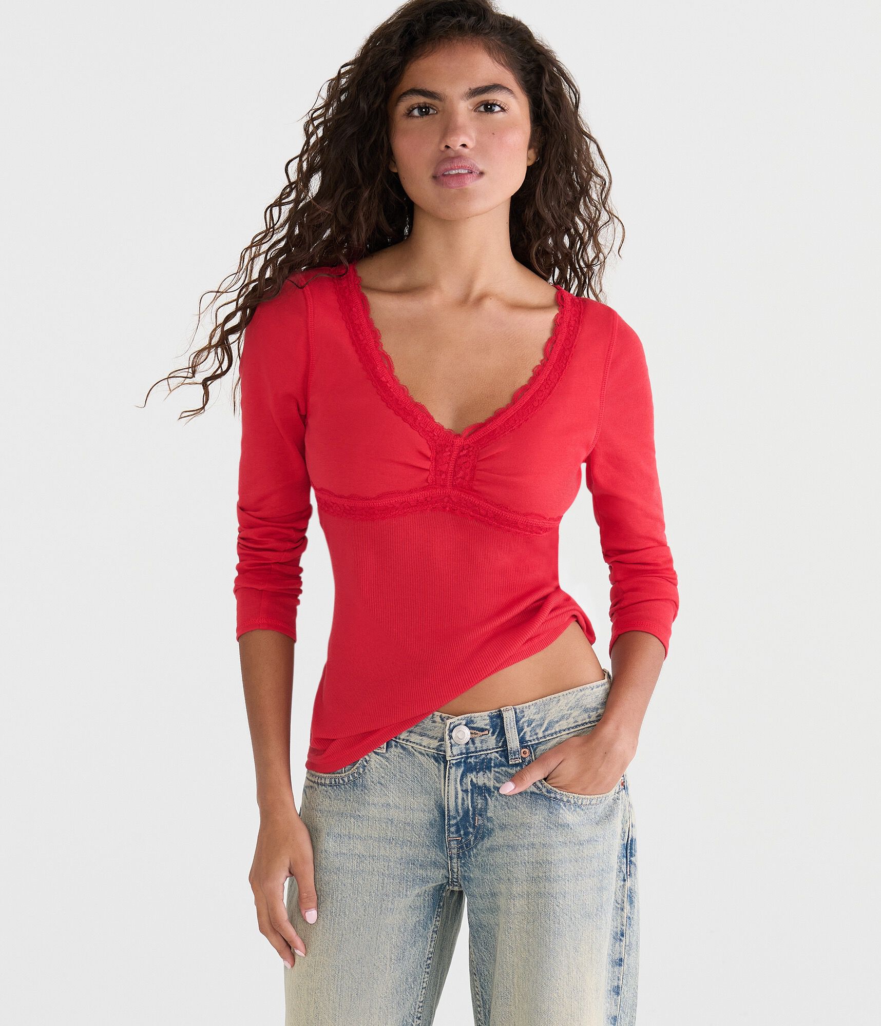 Long Sleeve Seriously Soft Y2K Lace V-Neck Tee