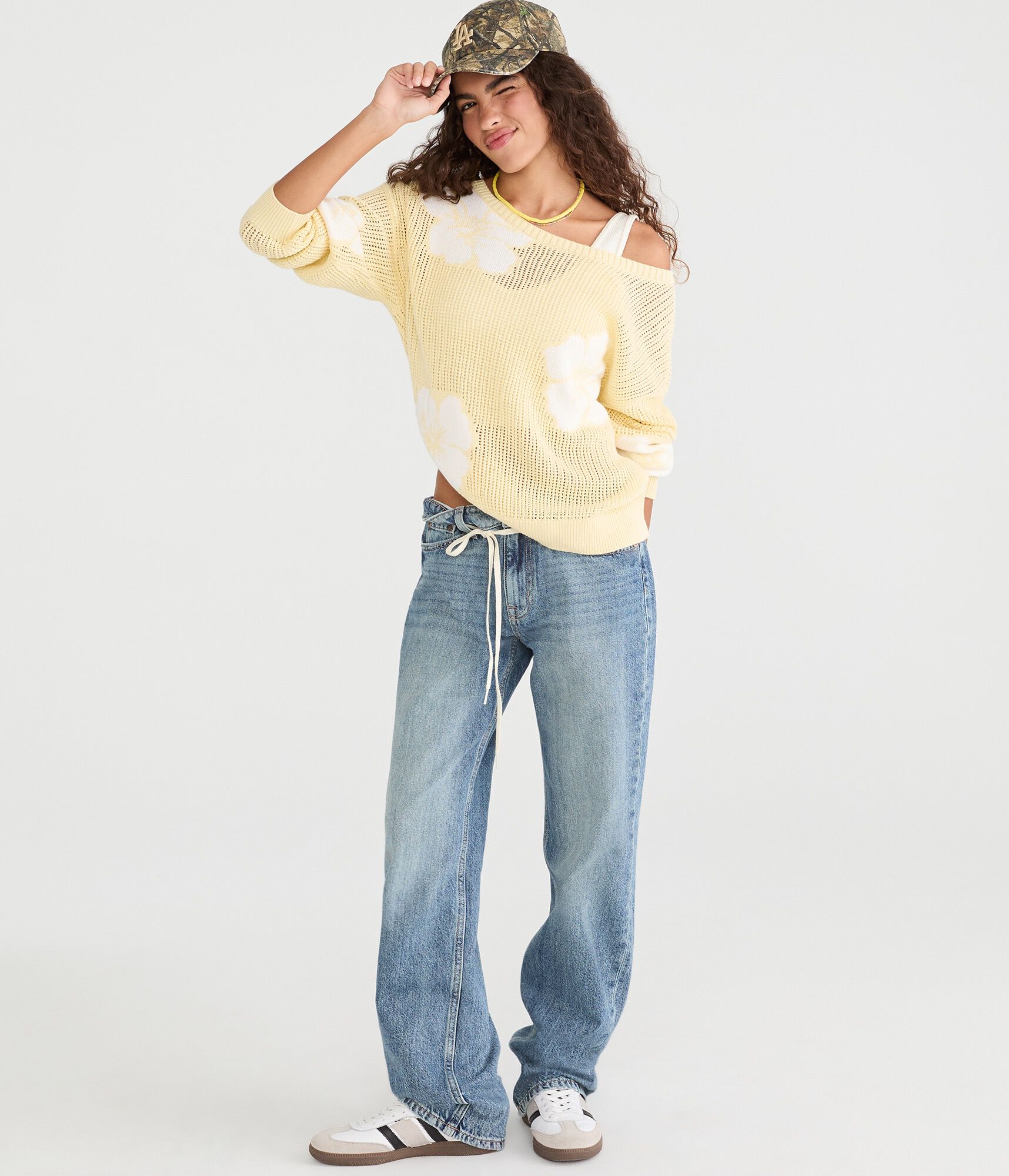 Hibiscus Slouchy Open-Knit Boat-Neck Sweater