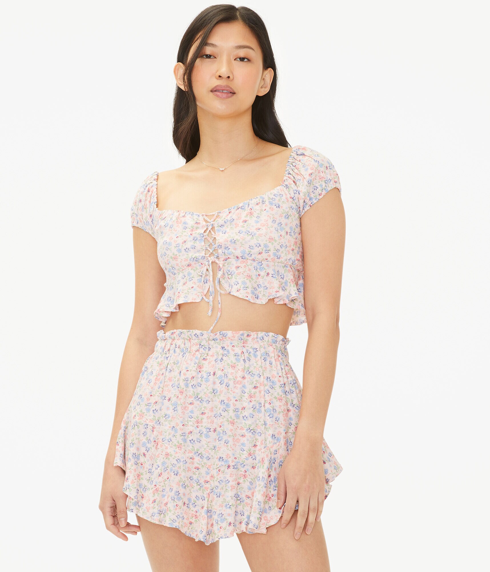 Floral Laced-Front Crop Top
