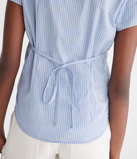 Short Sleeve Striped Poplin Tie-Back Shirt Short Sleeve Striped Poplin Tie-Back Shirt
