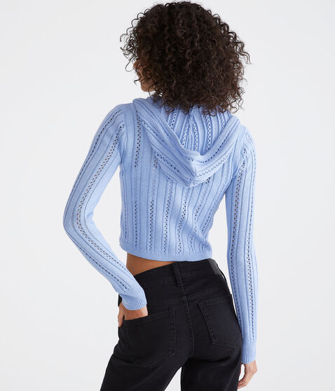 Pointelle Cropped Zip-Front Hooded Sweater