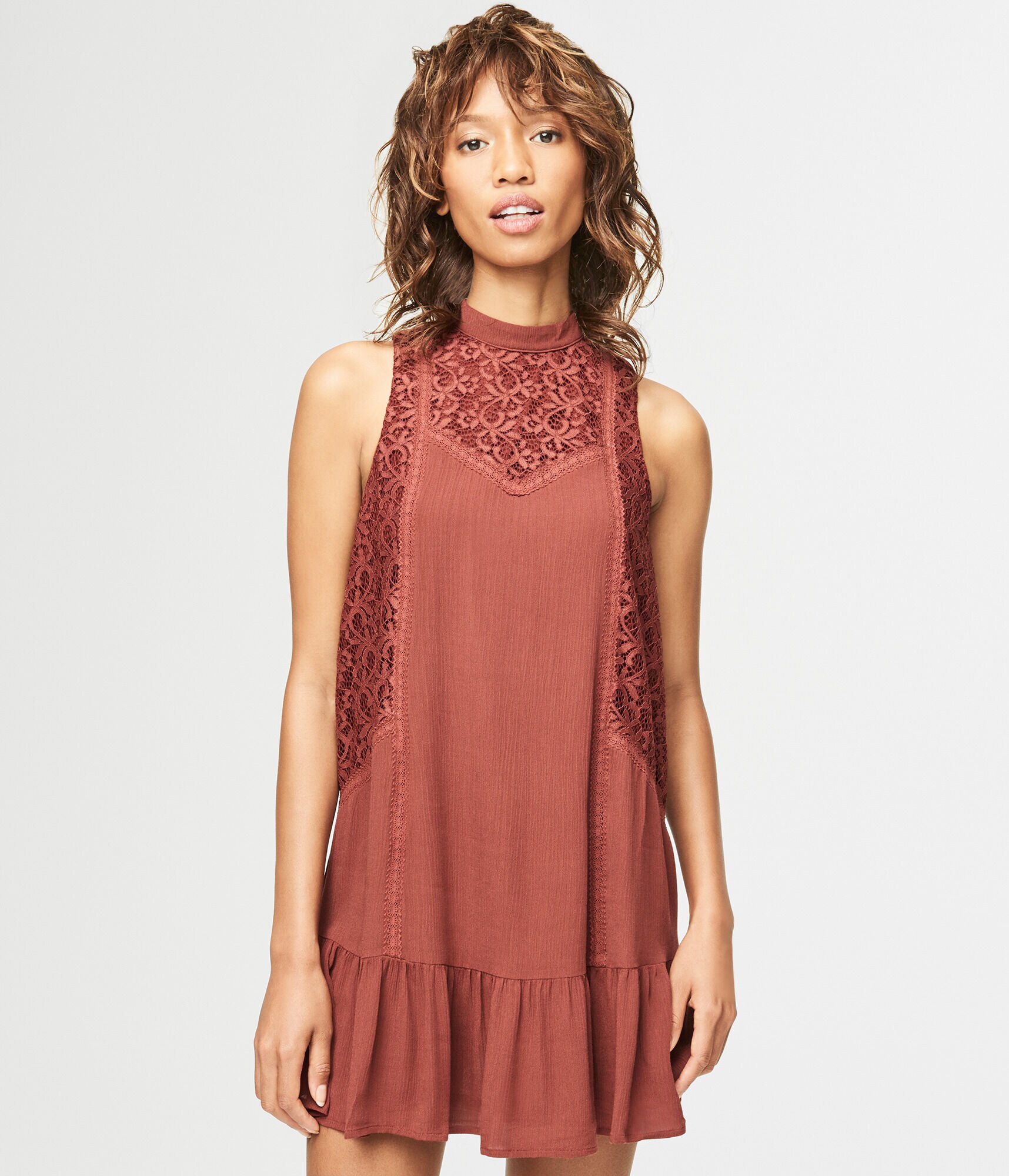 Solid High-Neck Ruffle Shift Dress