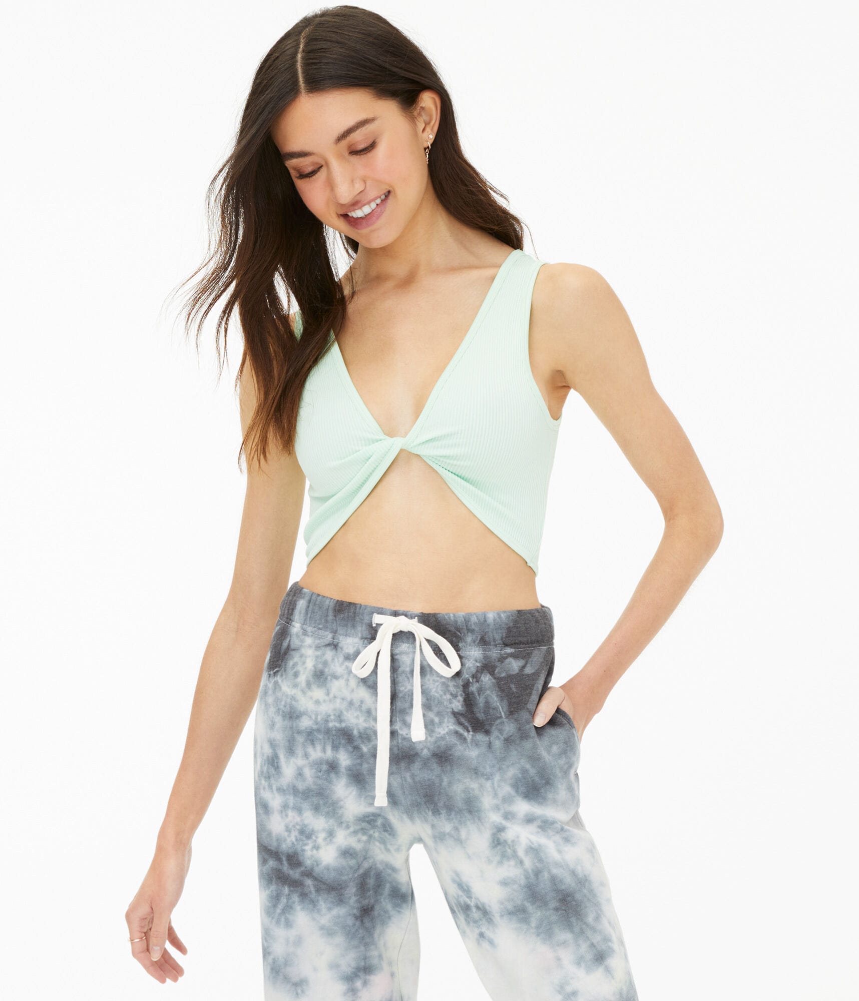 Acid Wash Seamless Twist-Front V-Neck Crop Top
