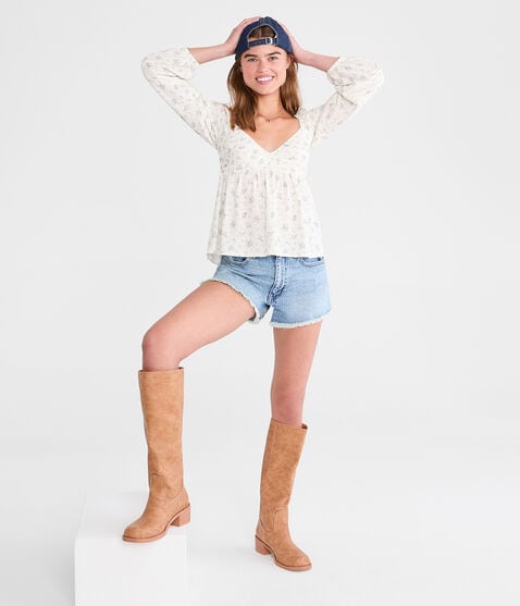 Long Sleeve Floral Lace & Pleats V-Neck Peasant Top Long Sleeve Floral Lace & Pleats V-Neck Peasant Top