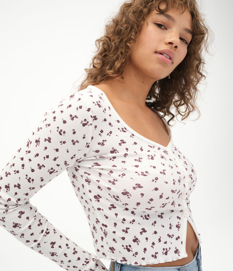 Long Sleeve Floral Button-Front Crop Top Long Sleeve Floral Button-Front Crop Top