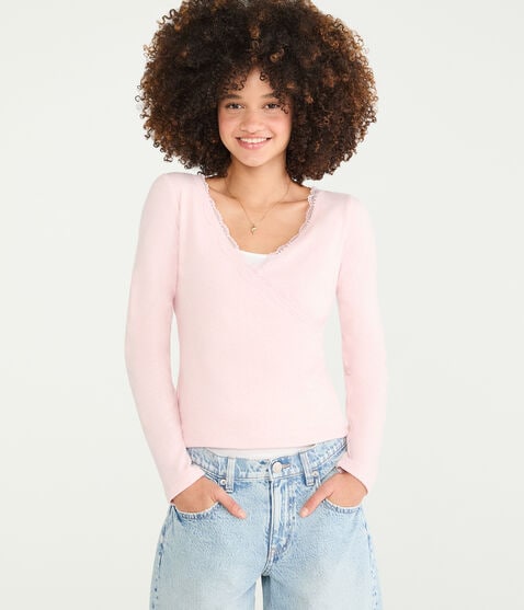 Long Sleeve Crossover Lace V-Neck Tee Long Sleeve Crossover Lace V-Neck Tee