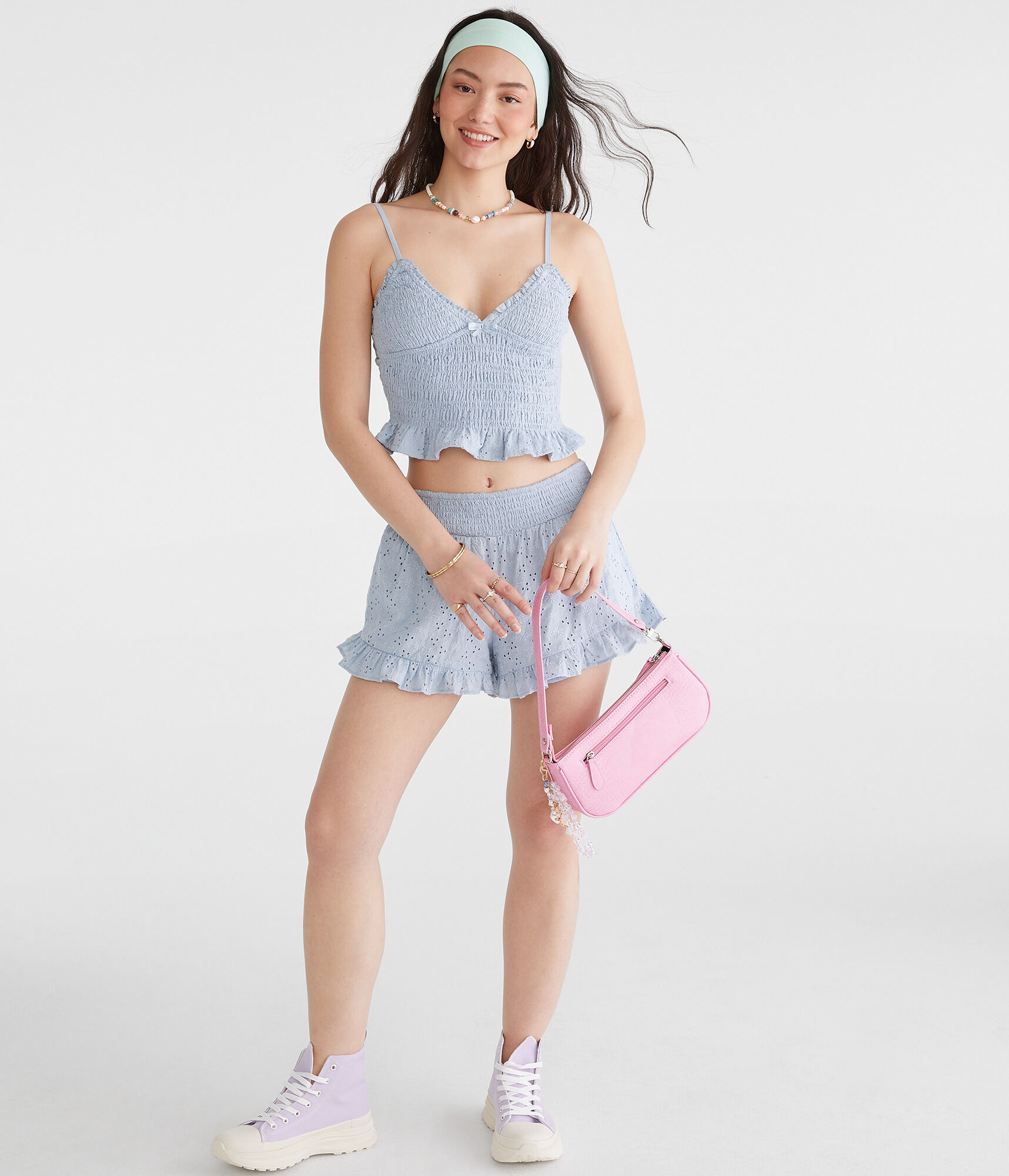 Eyelet Smocked V-Neck Crop Top