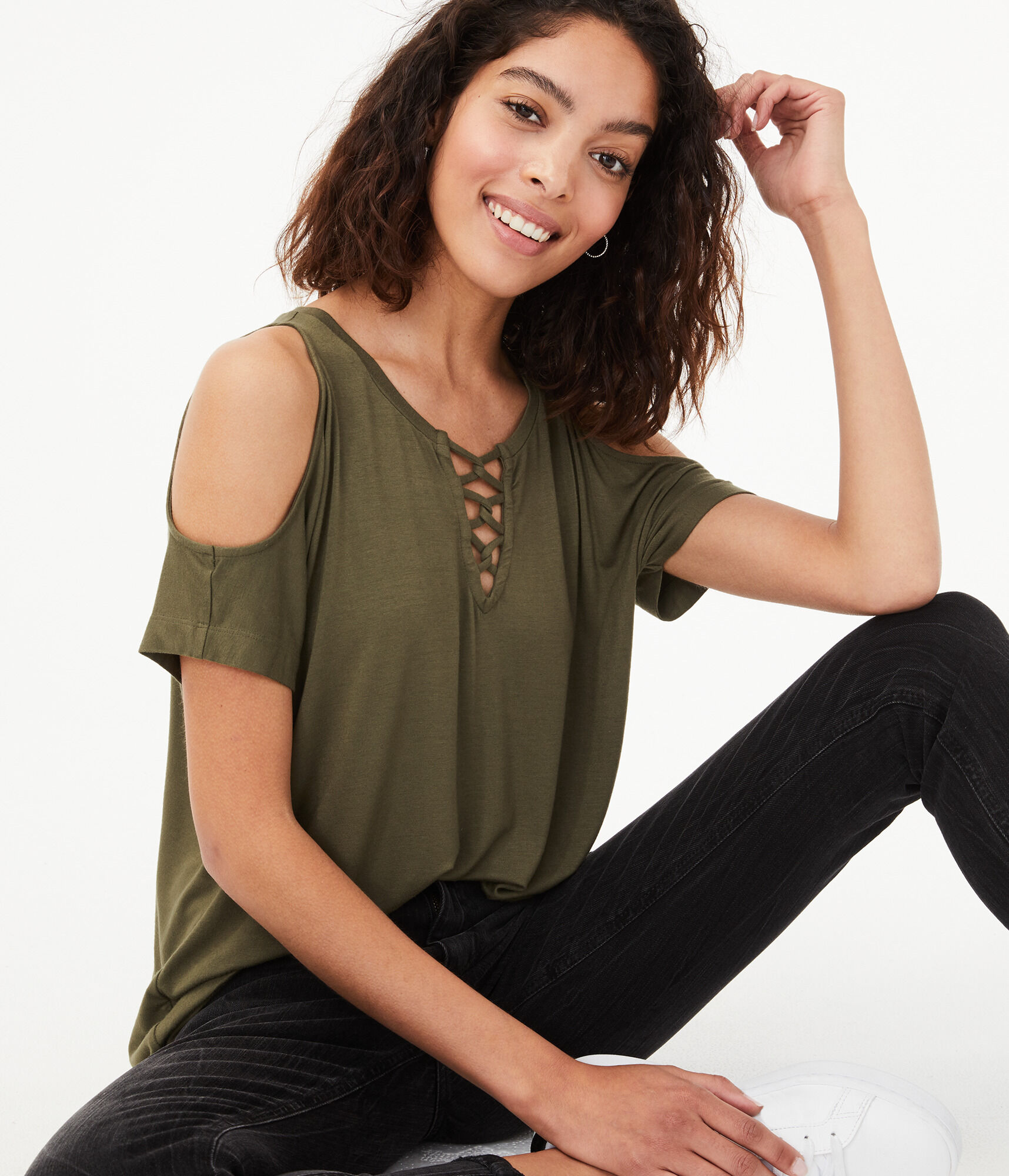 Seriously Soft Cold-Shoulder Lace-Up Top***