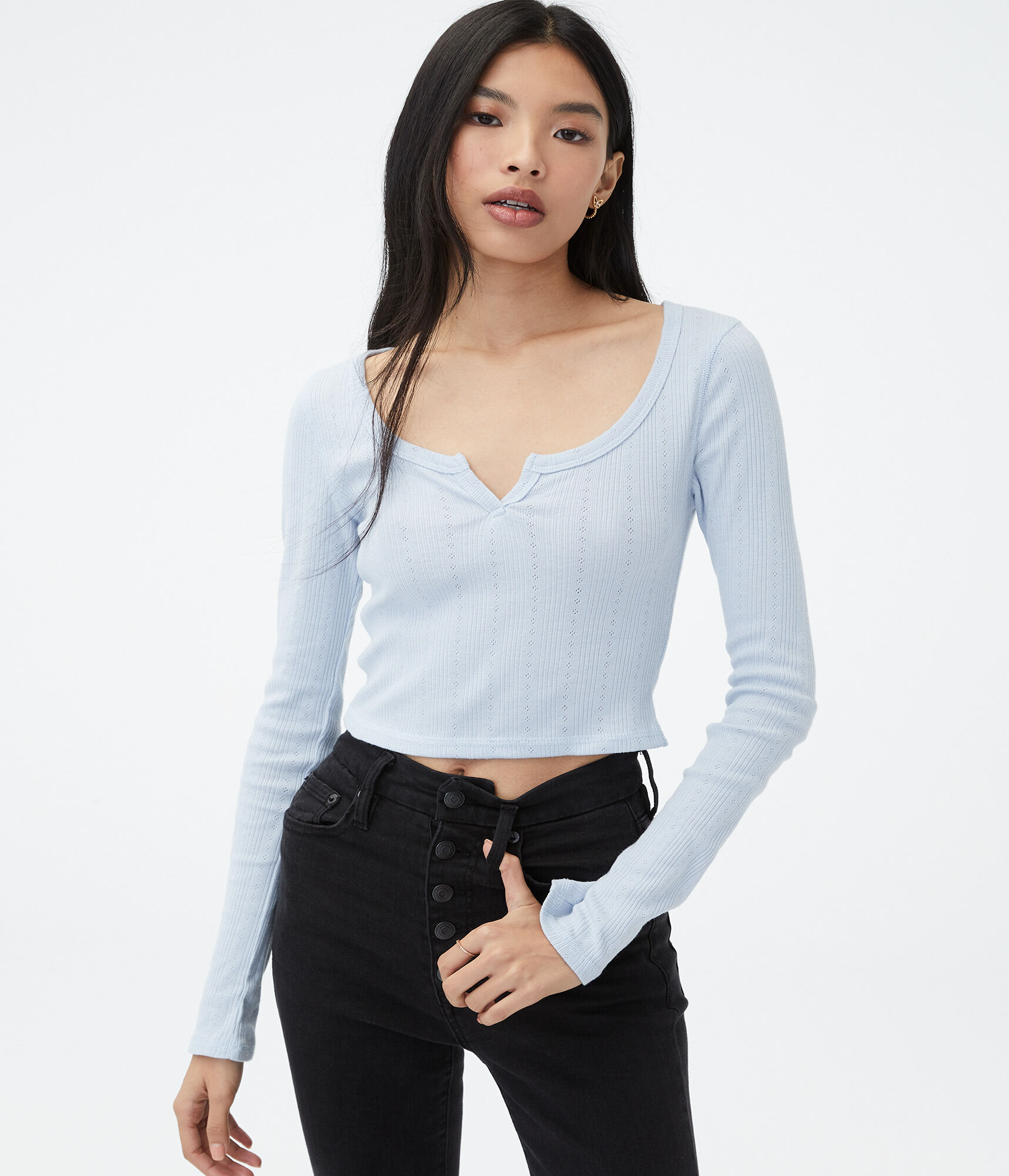 Long Sleeve Notch-Neck Cropped Shrunken Tee