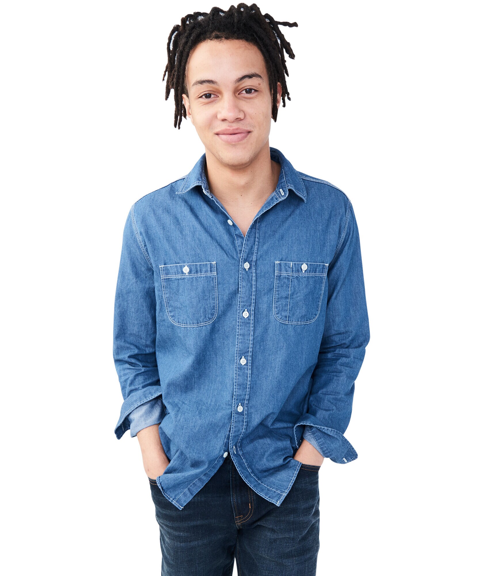 Long Sleeve Dark Wash Workwear Woven Shirt***