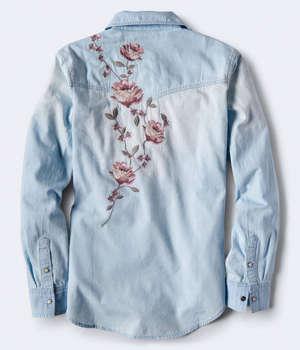 Long Sleeve Embroidered Floral Chambray Woven Shirt Long Sleeve Embroidered Floral Chambray Woven Shirt
