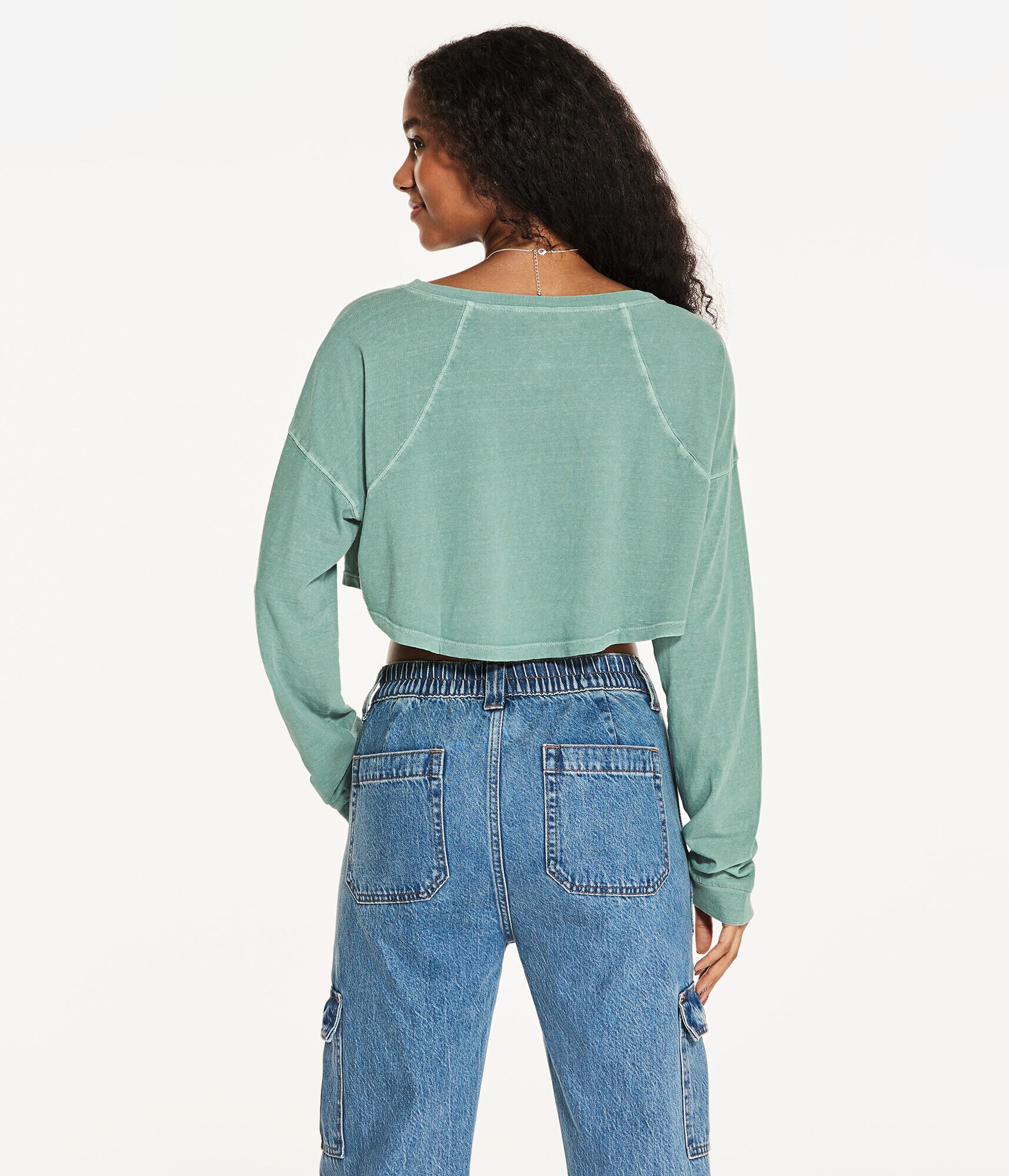 Long Sleeve Washed Oversized Cropped Henley Tee