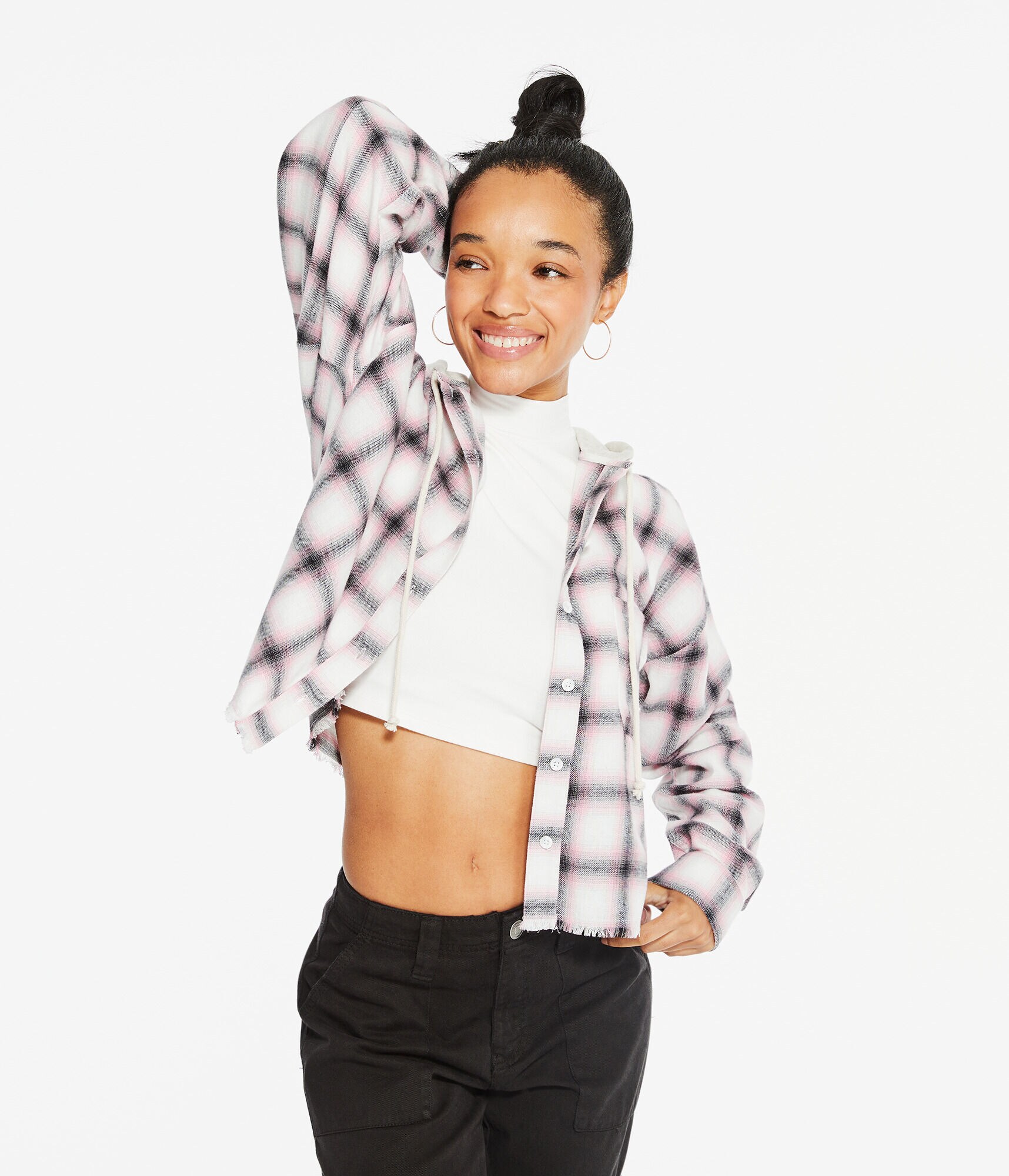 Long Sleeve Plaid Hooded Button-Down Shirt