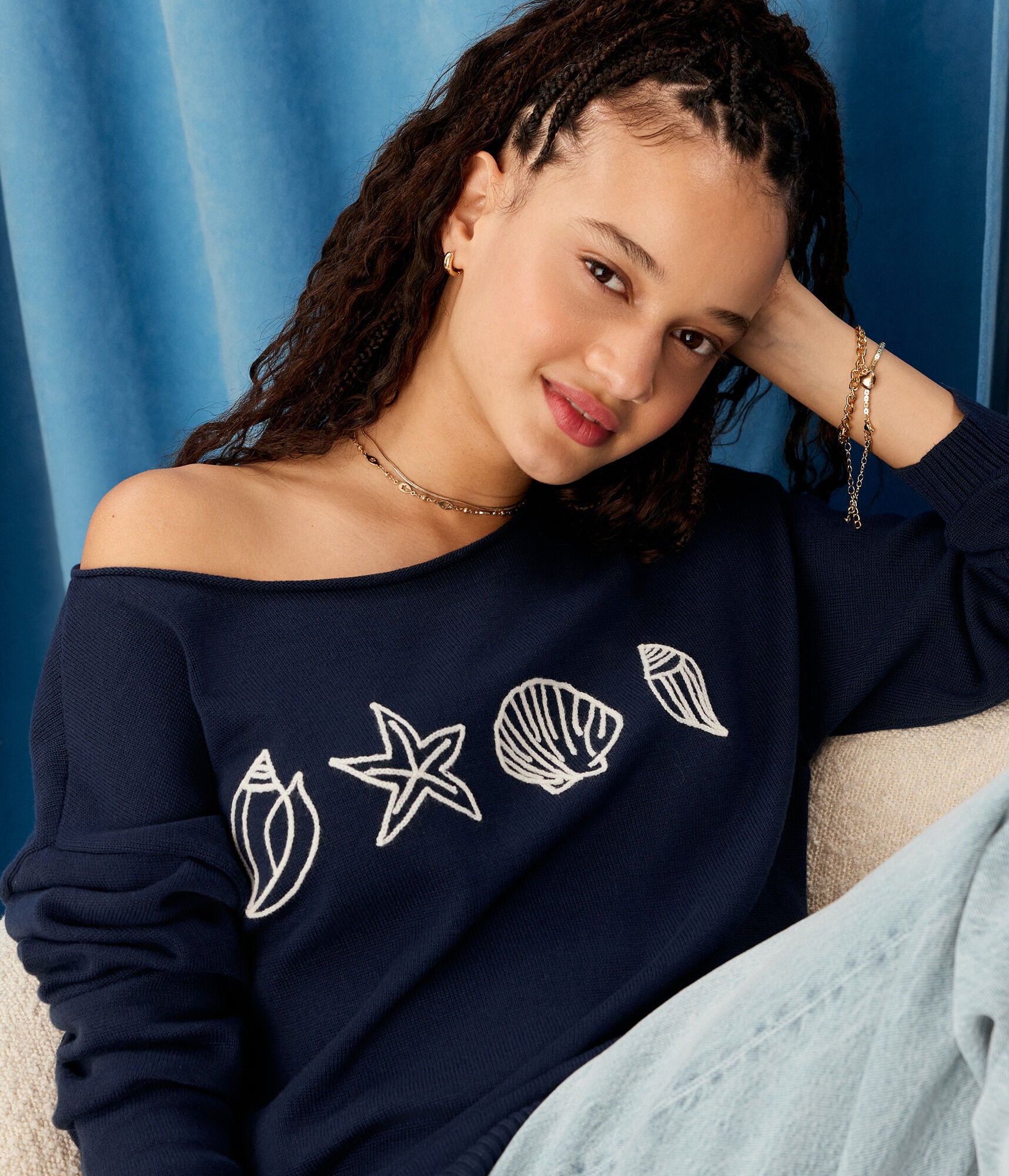 Demetra for Aero Seashells Slash-Neck Sweater