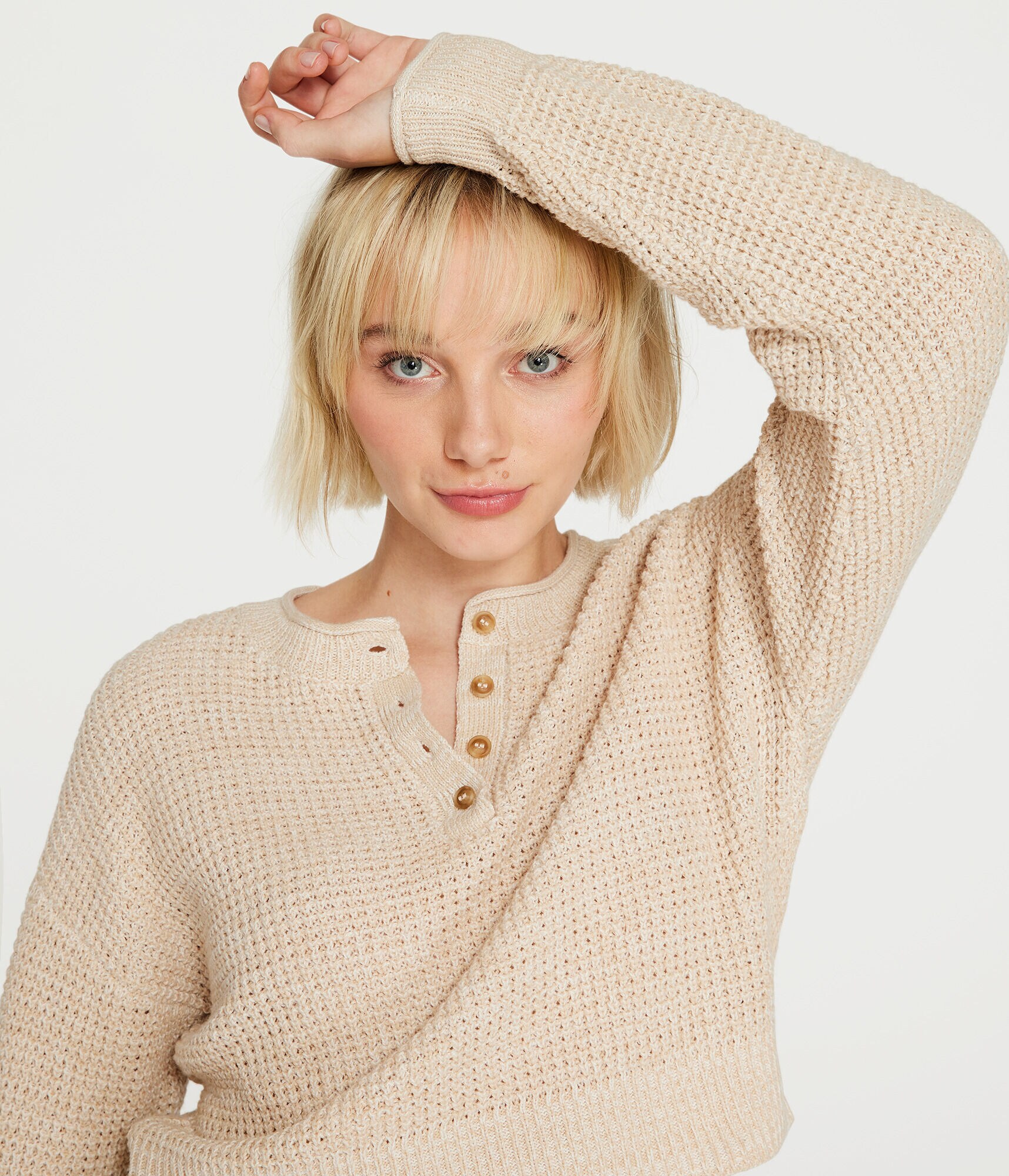 Waffle-Knit Cropped Henley Sweater