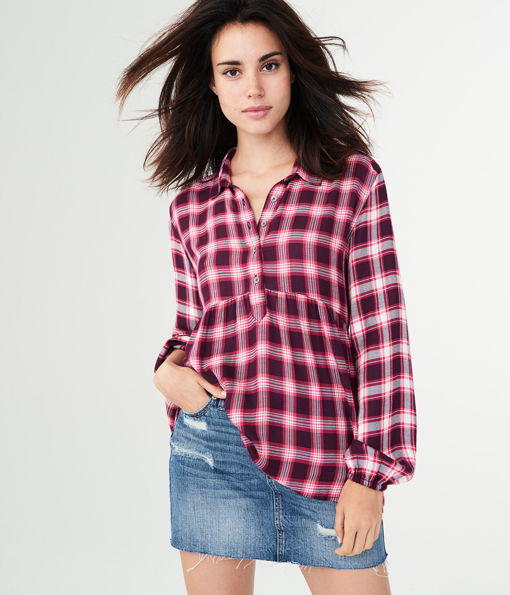 Long Sleeve Plaid Babydoll Woven Top