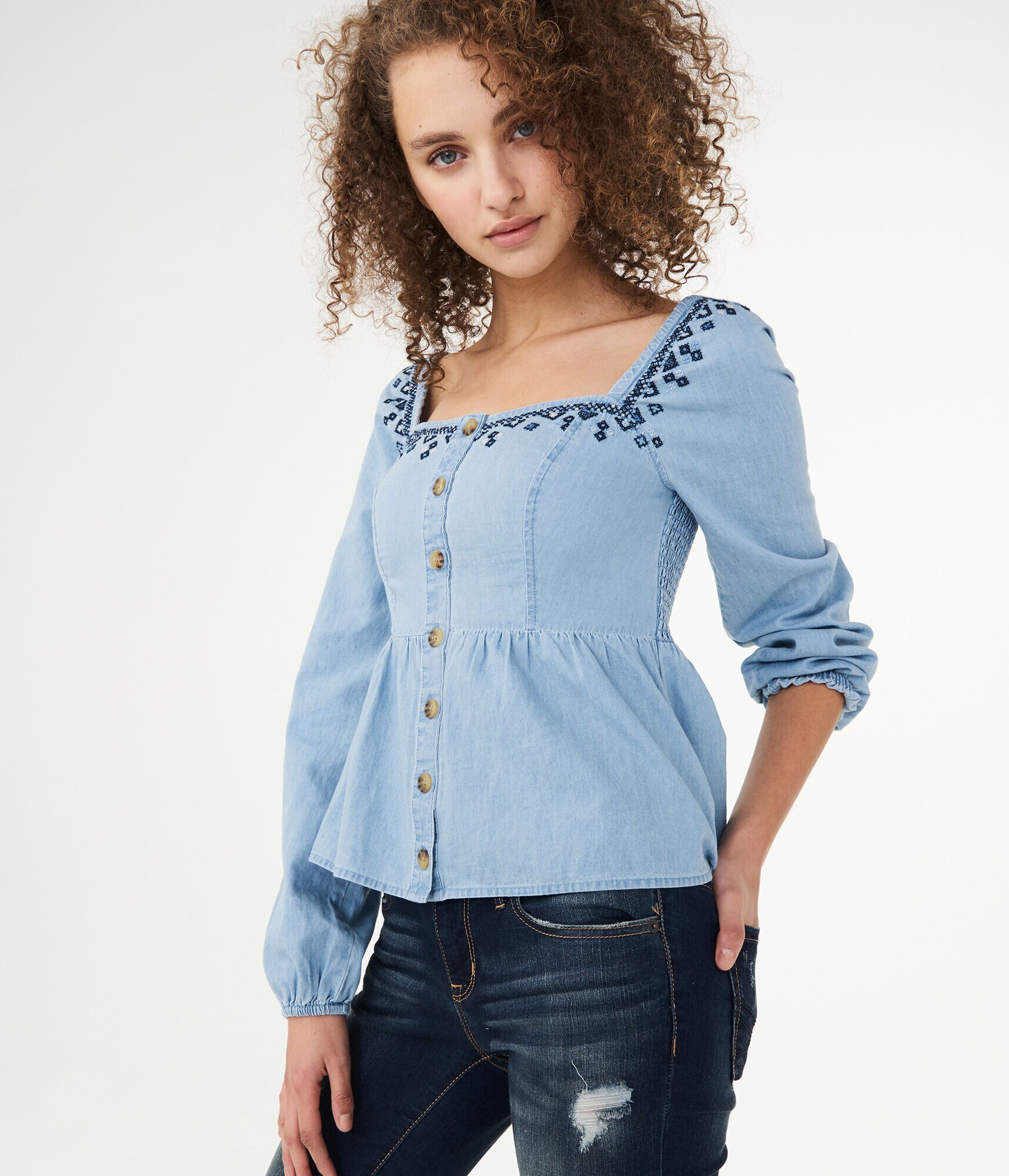 Long Sleeve Embroidered Babydoll Peasant Top