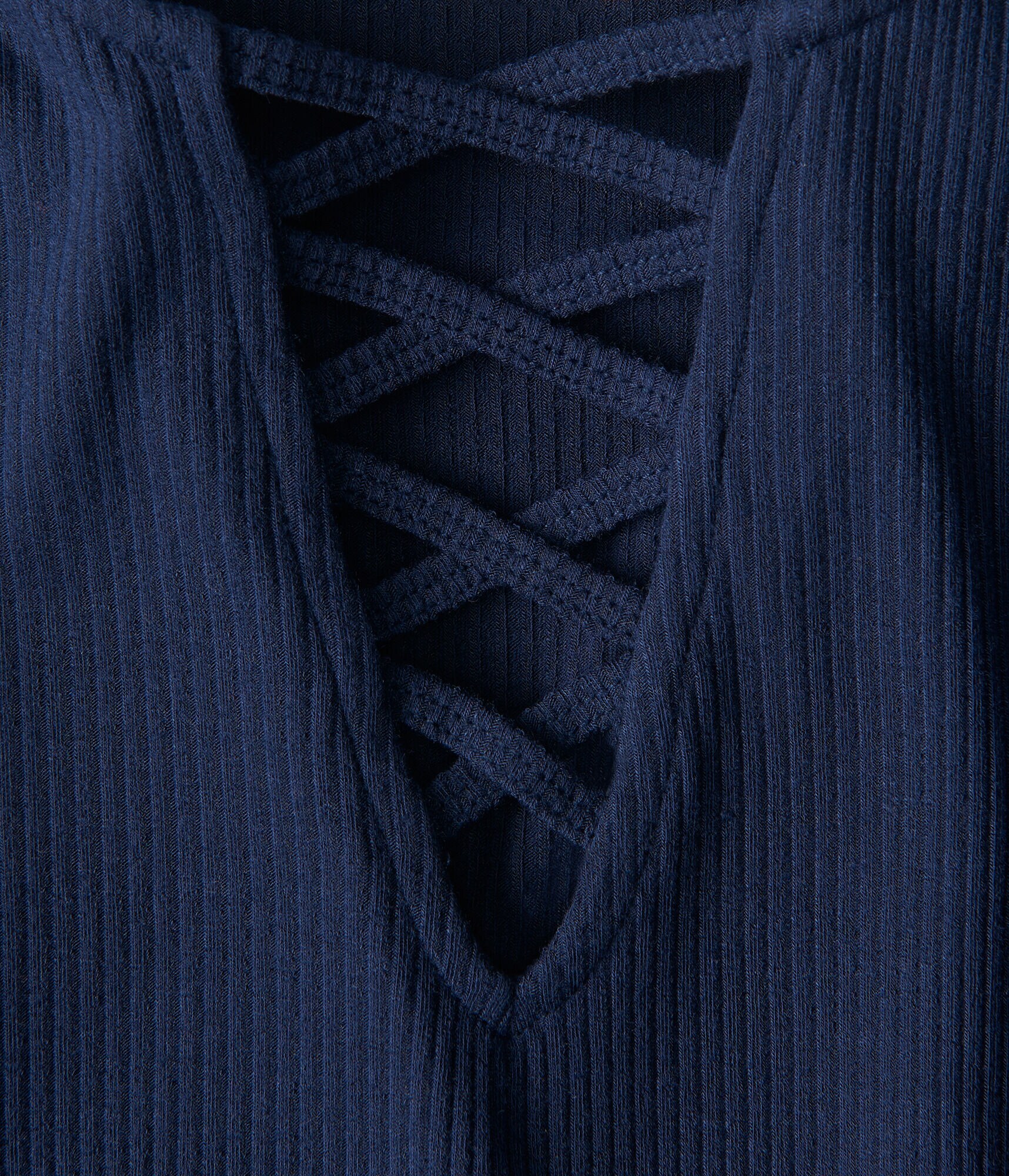 Long Sleeve Solid Lace-Up Ribbed Tee