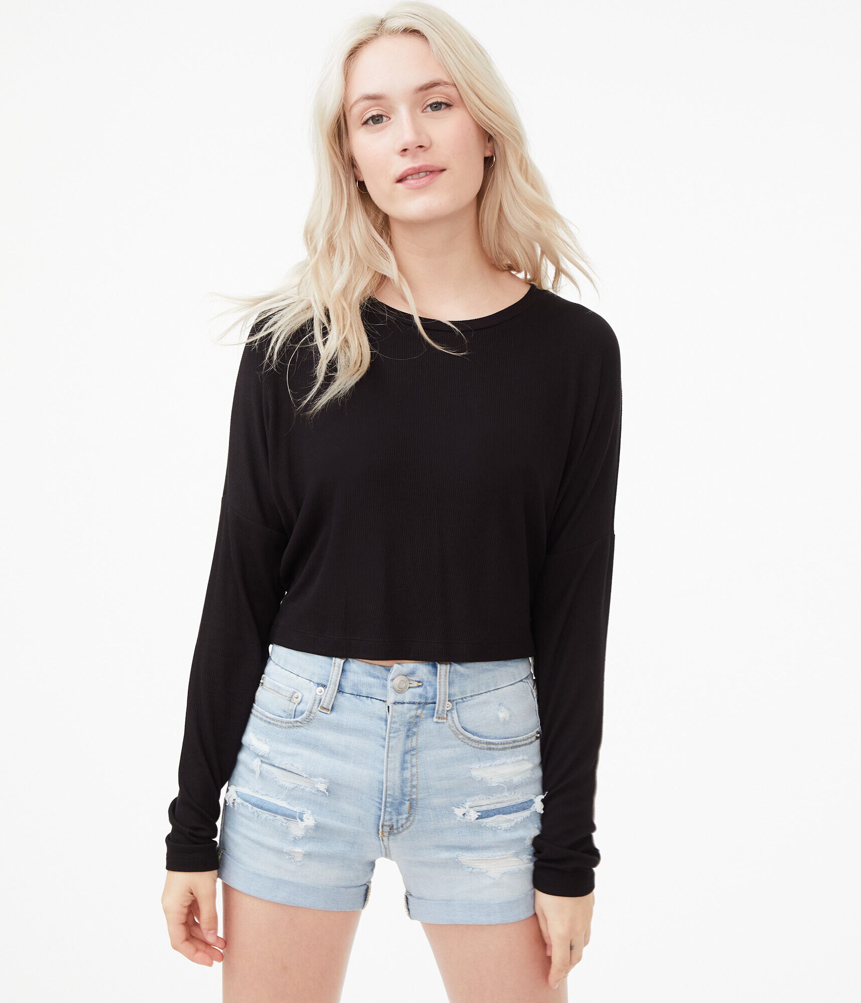Long Sleeve Ribbed Cropped Dolman Tee
