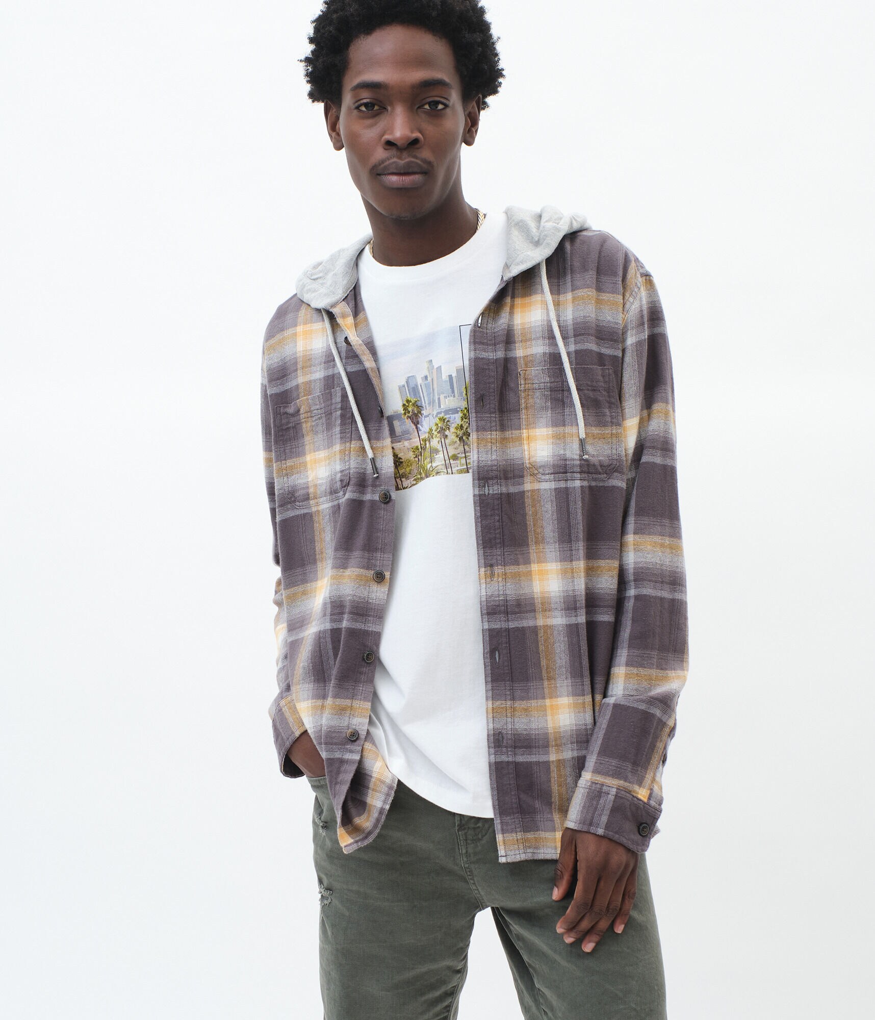 Long Sleeve Plaid Hooded Flannel Button-Down Shirt