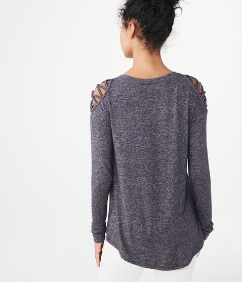 Long Sleeve Lattice-Sleeve V-Neck Top***