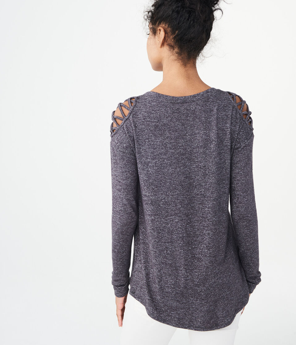 Long Sleeve Lattice-Sleeve V-Neck Top***