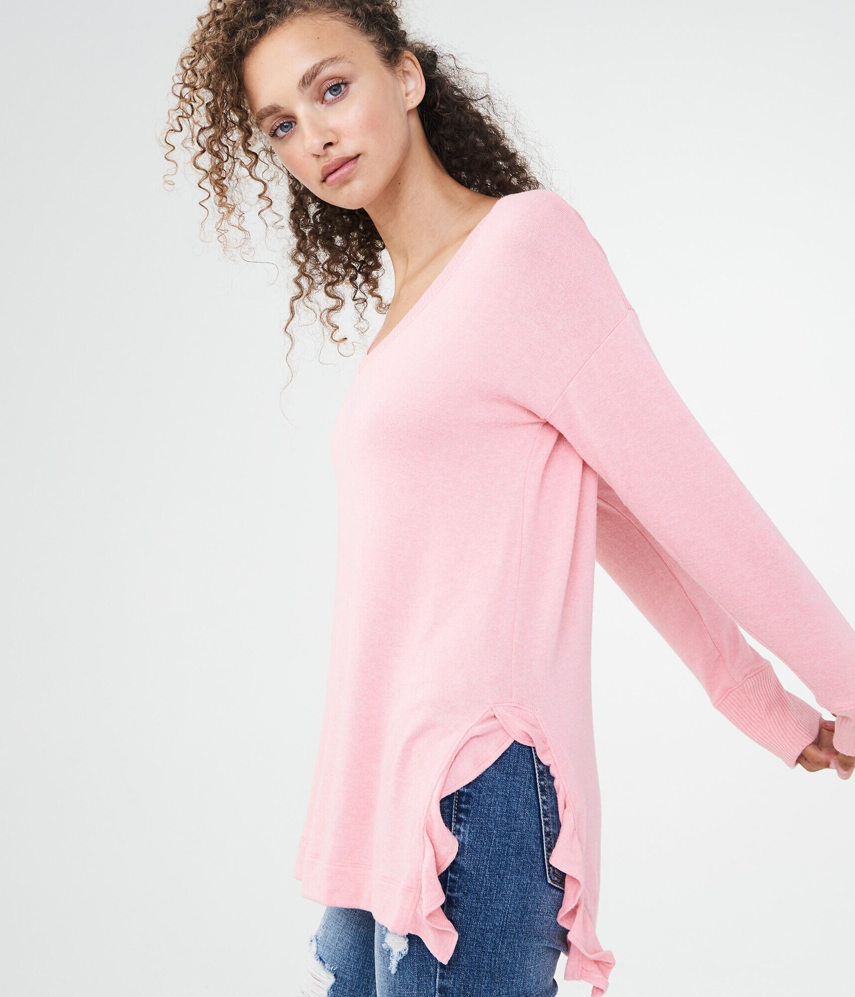 LLD Long Sleeve Side Ruffle V-Neck Top***