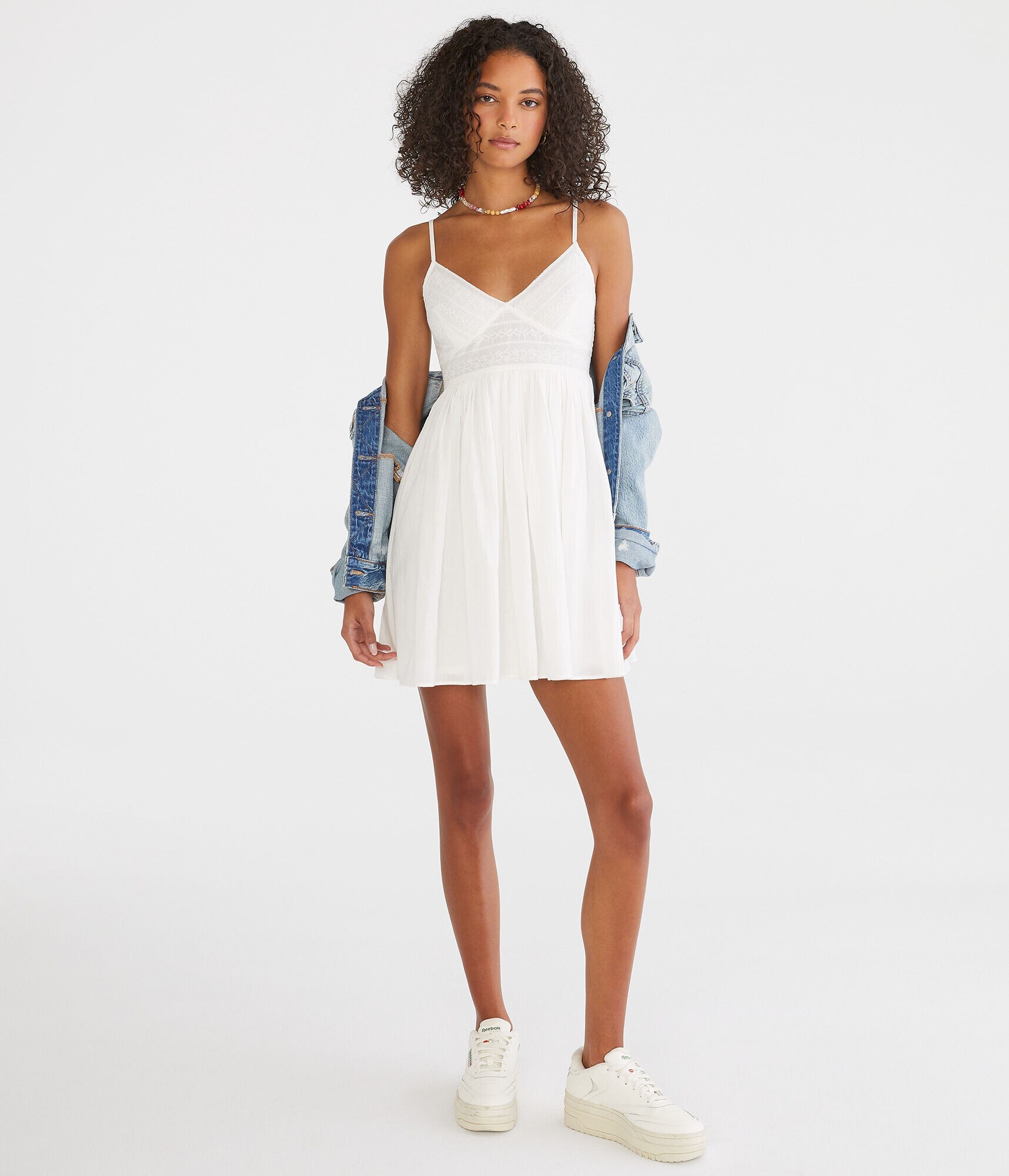 Solid V-Neck Eyelet Babydoll Dress