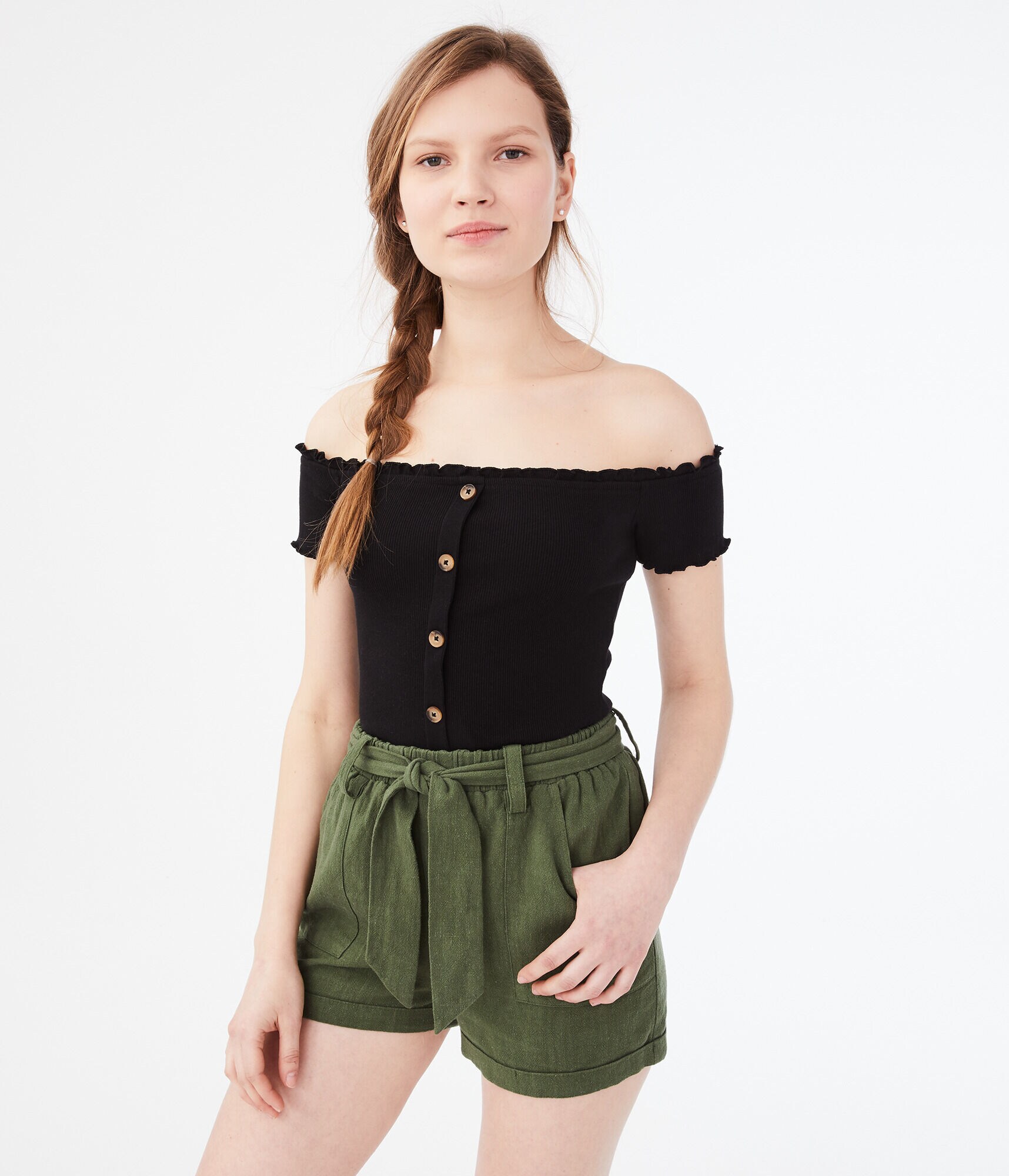 Seriously Soft Buttoned Off-The-Shoulder Top