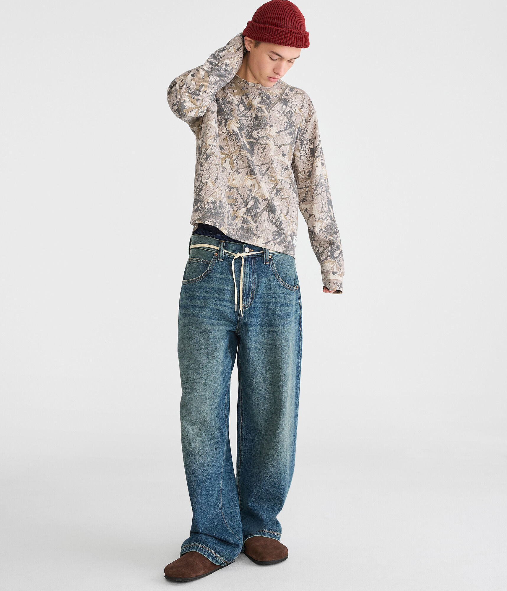 Long Sleeve Forest Camo Boxy Thermal Crew Tee