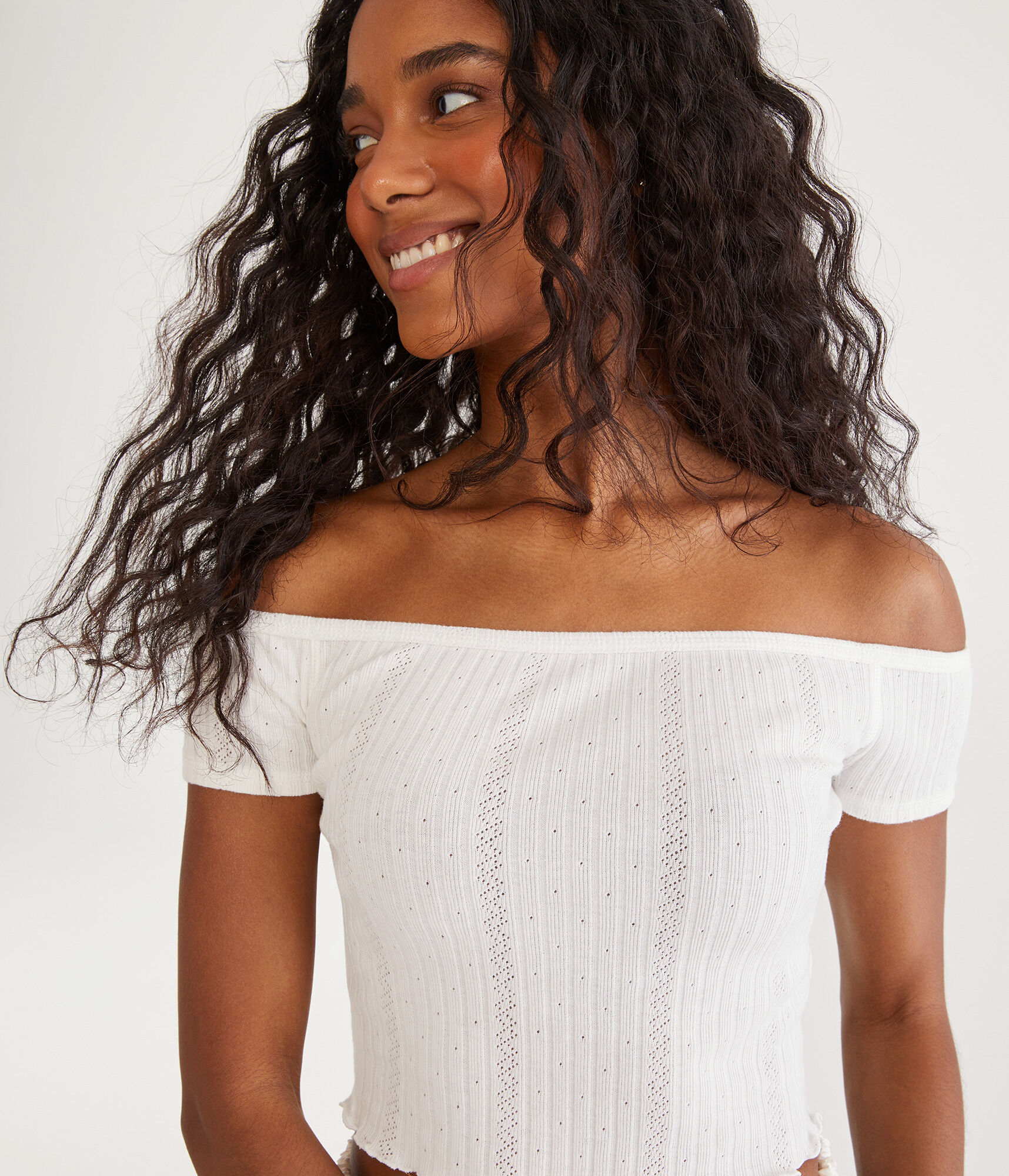 Pointelle Off-The-Shoulder Cropped Baby Tee