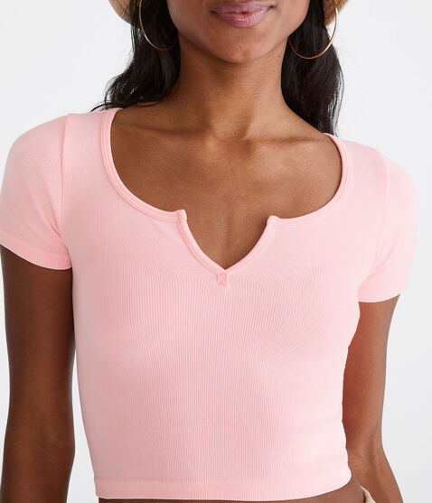 Seriously Soft Acid Wash Cropped Notch-Neck Tee Seriously Soft Acid Wash Cropped Notch-Neck Tee