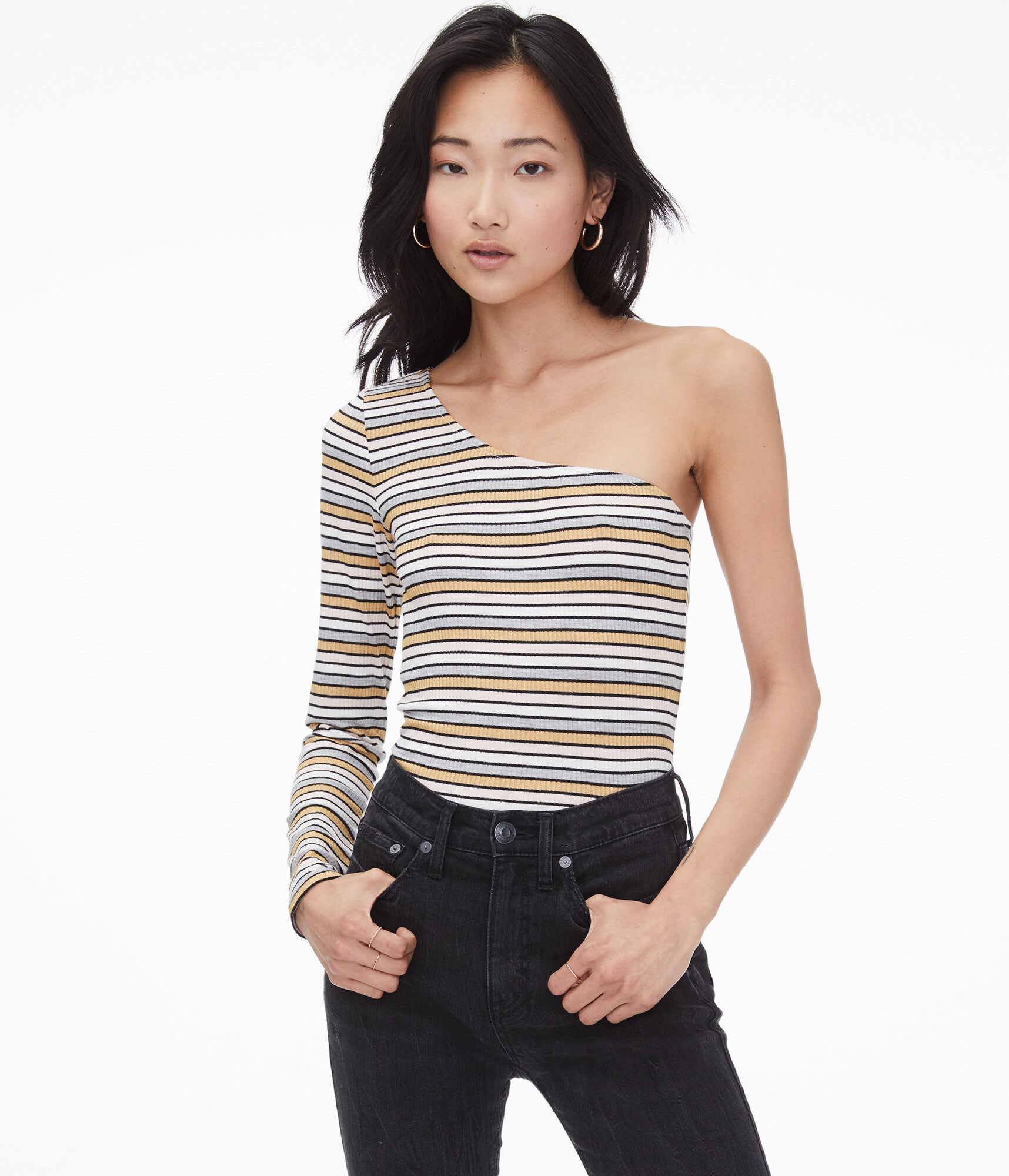 Long Sleeve Metallic Stripe One-Shoulder Top