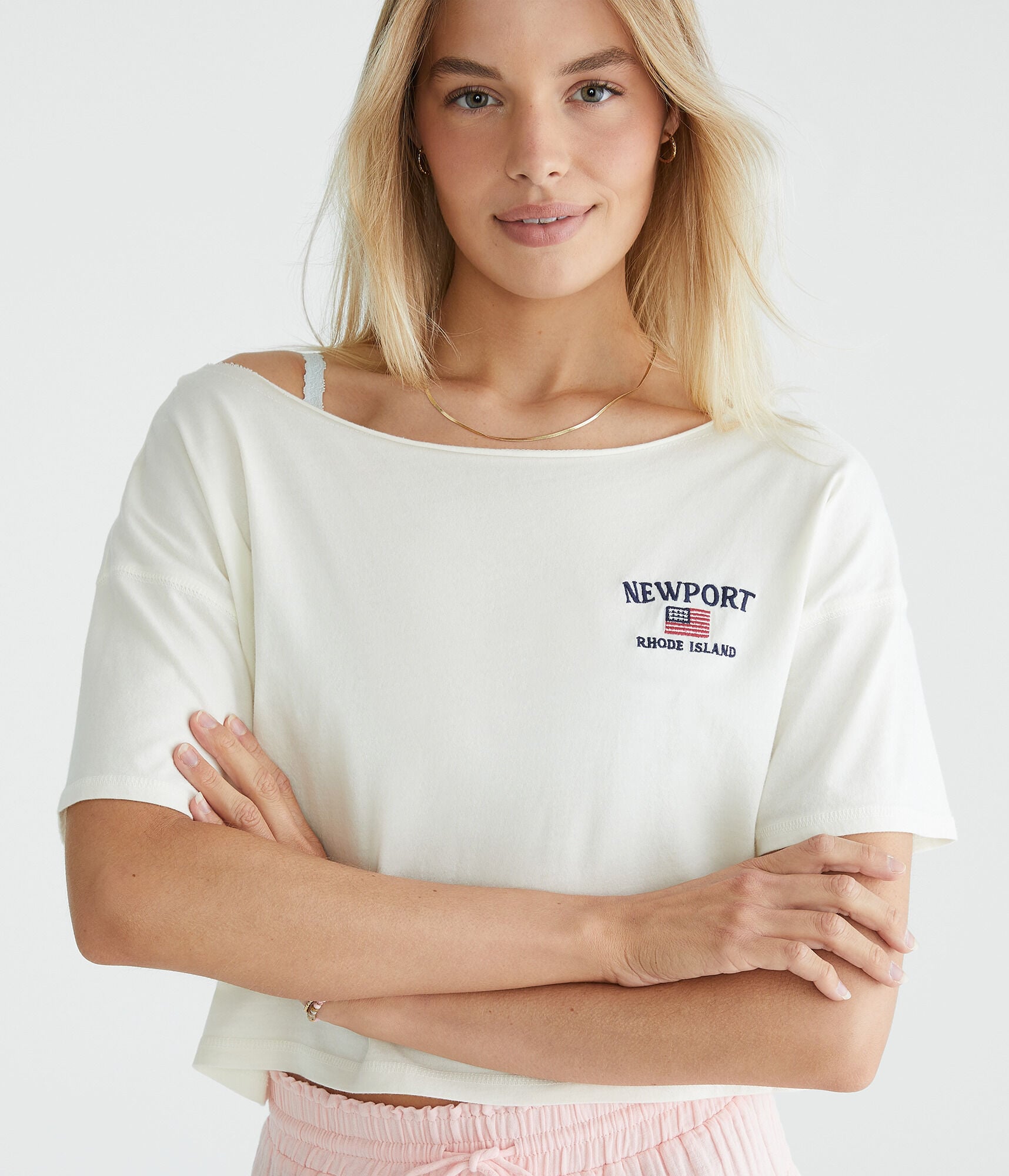 Newport Flag Off-The-Shoulder Cropped Boyfriend Graphic Tee