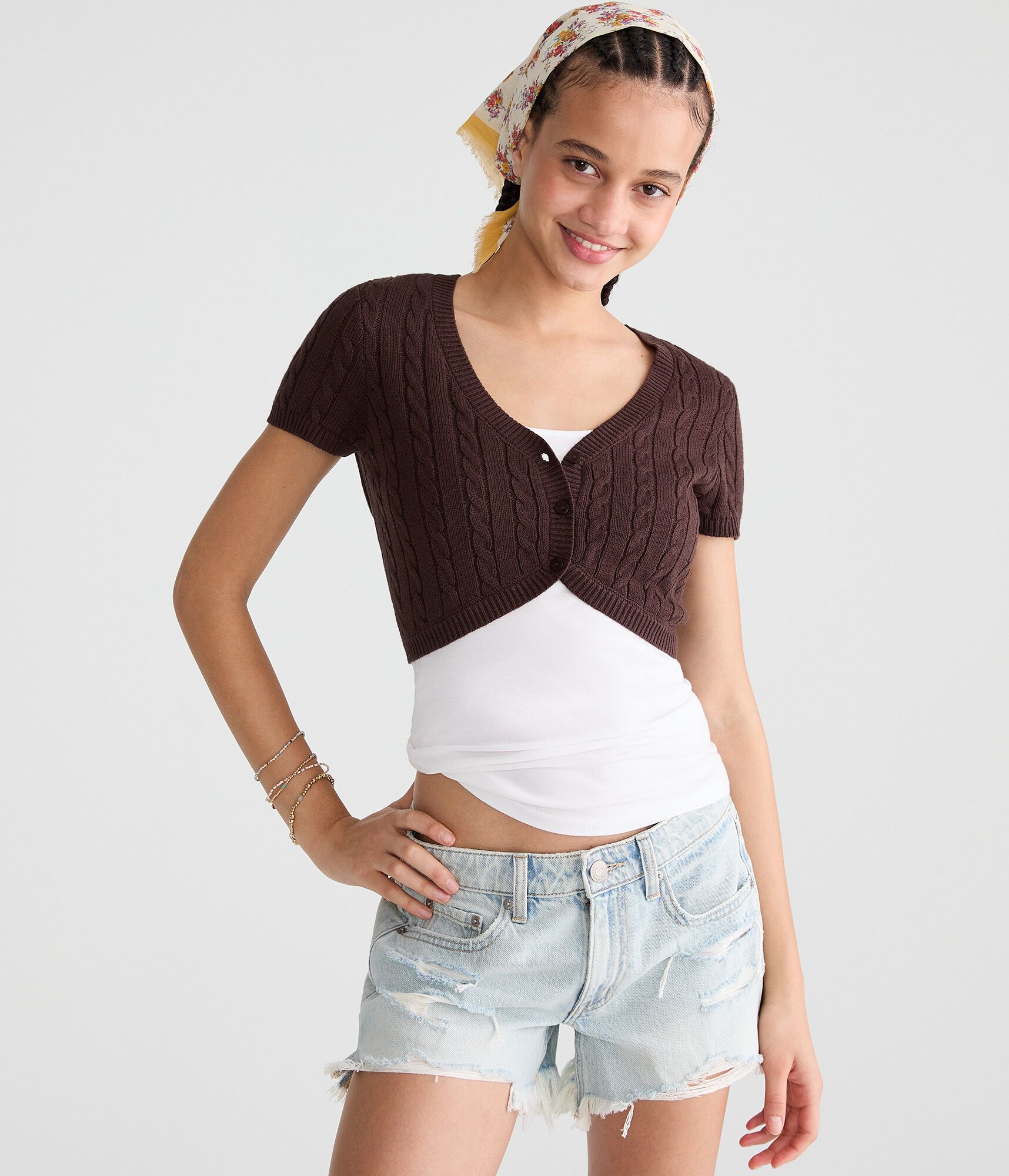 Short Sleeve Cable Knit Sweater Shrug