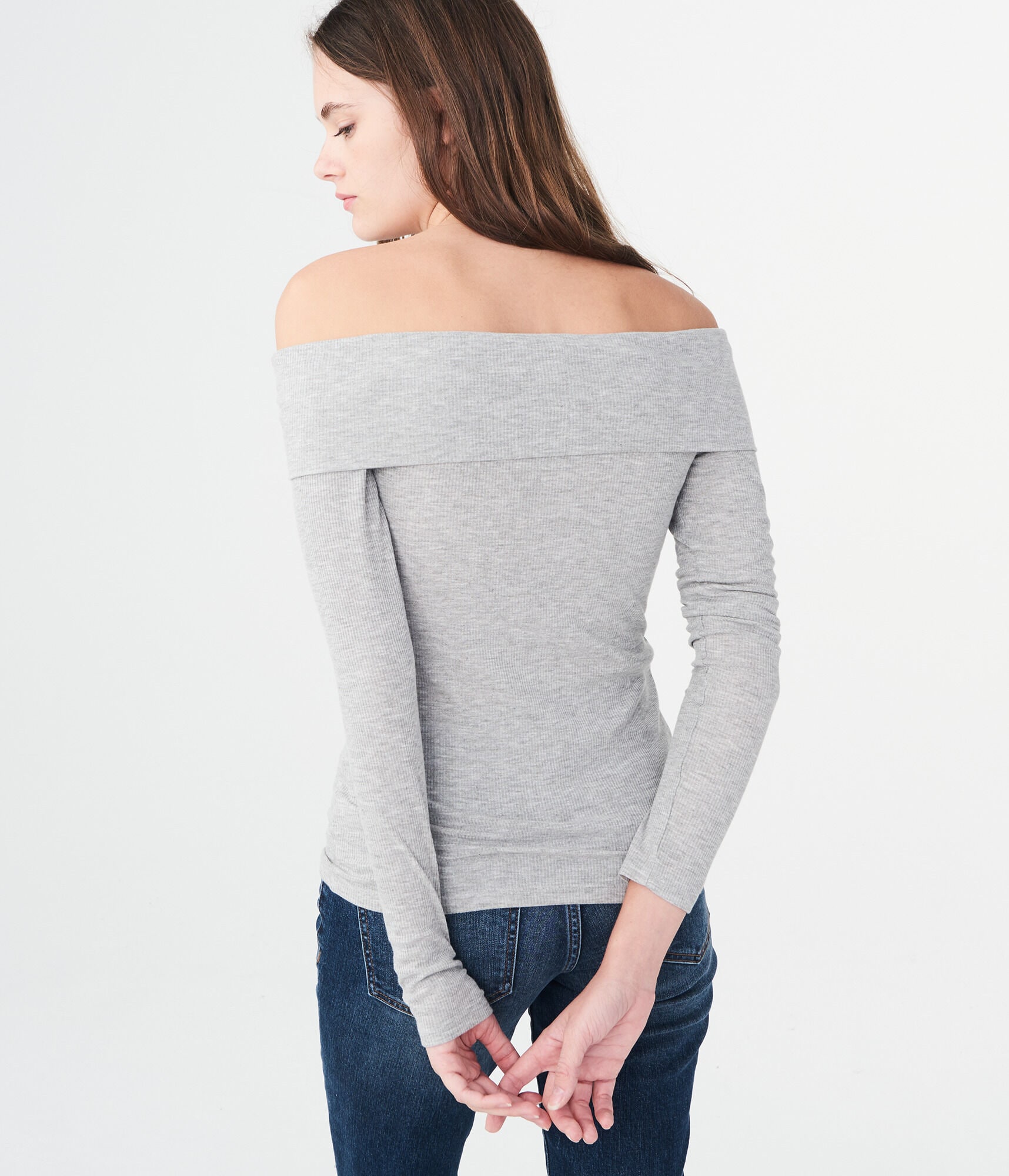 Long Sleeve Heathered Folded Off-The-Shoulder Top***