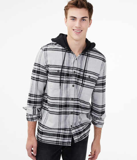 Long Sleeve Plaid Hooded Button-Down Shirt