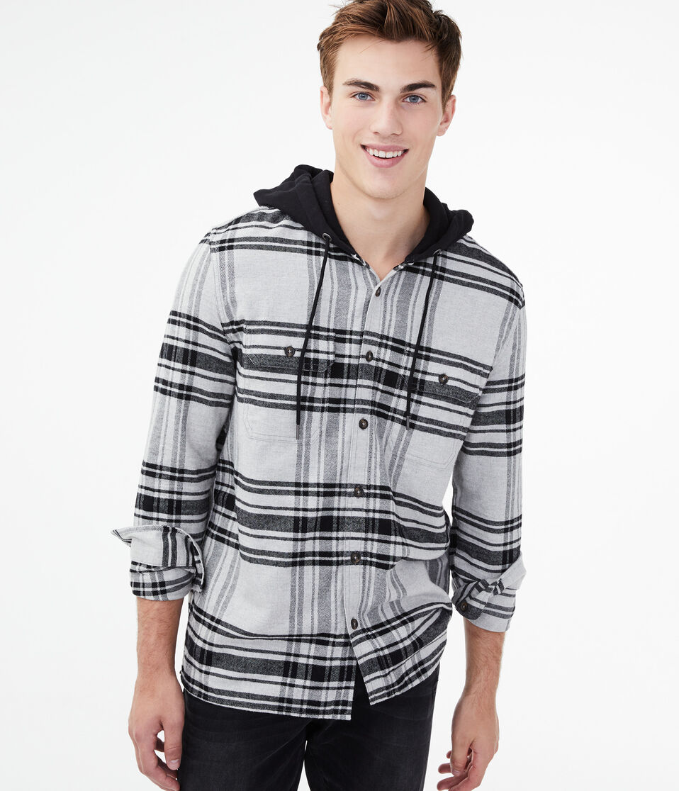 Long Sleeve Plaid Hooded Button-Down Shirt