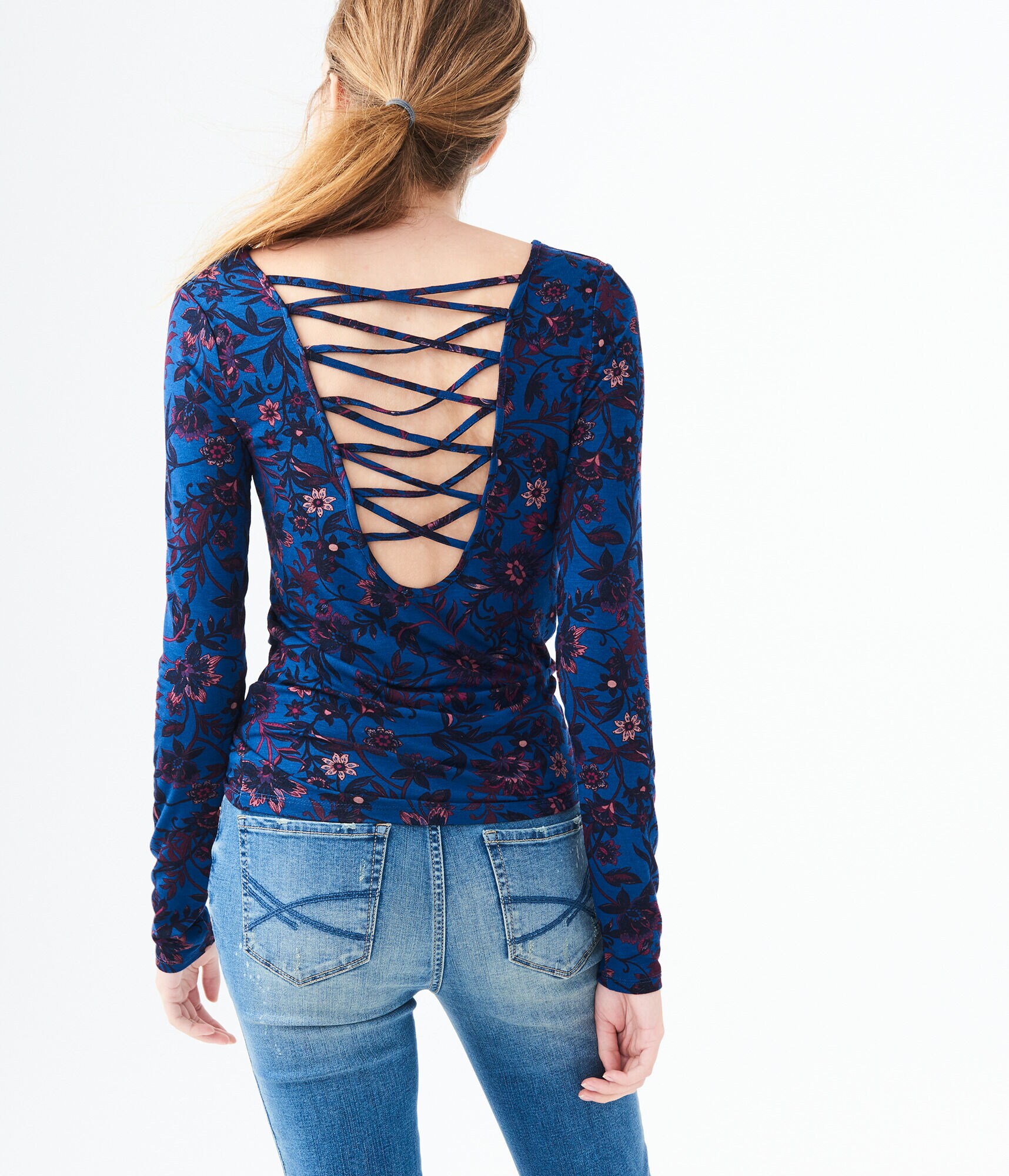 Long Sleeve Floral Lattice-Back Top