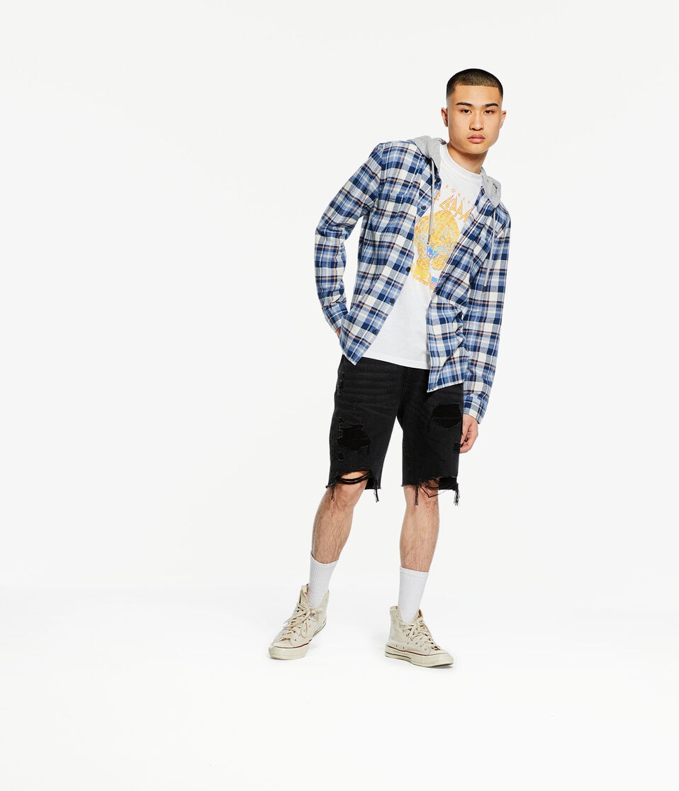 Long Sleeve Plaid Flannel Hooded Button-Down Shirt