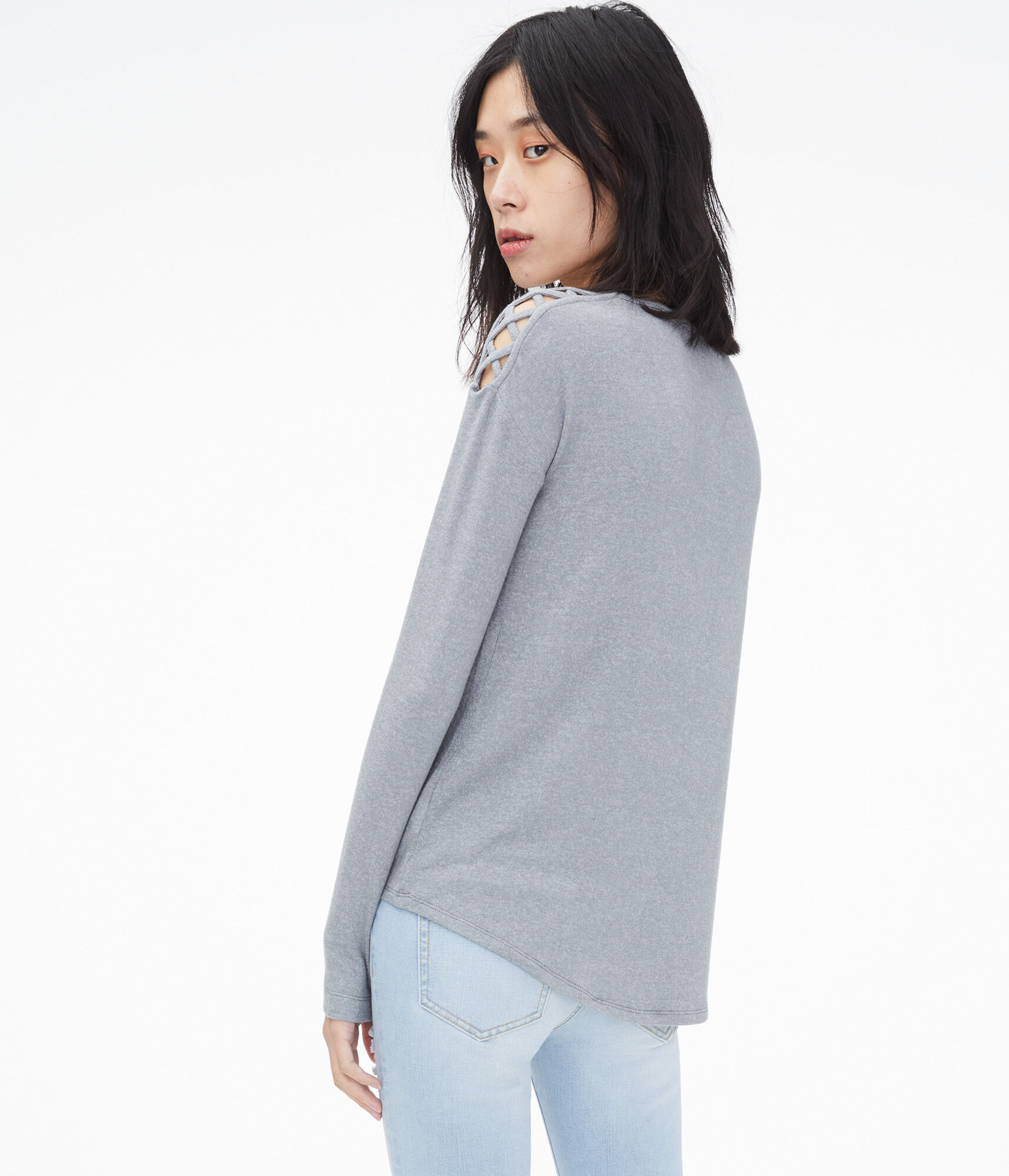 Long Sleeve Lattice Cold-Shoulder Top***