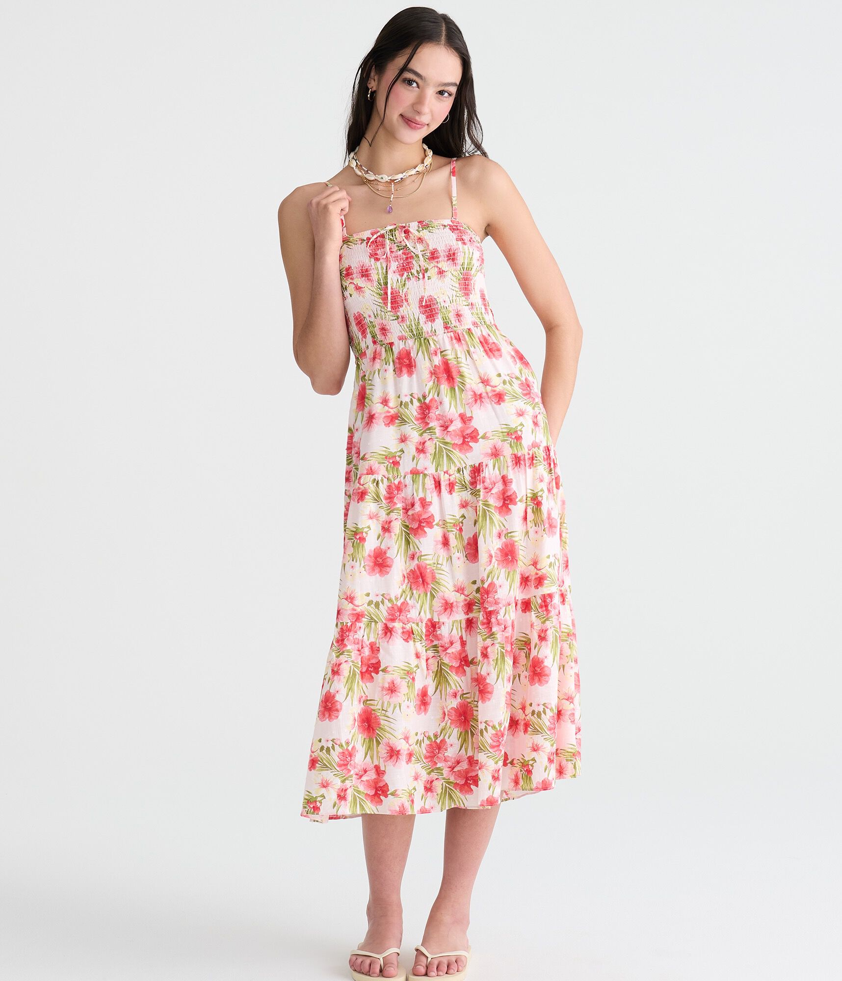 Floral Strapless Smocked Midi Dress