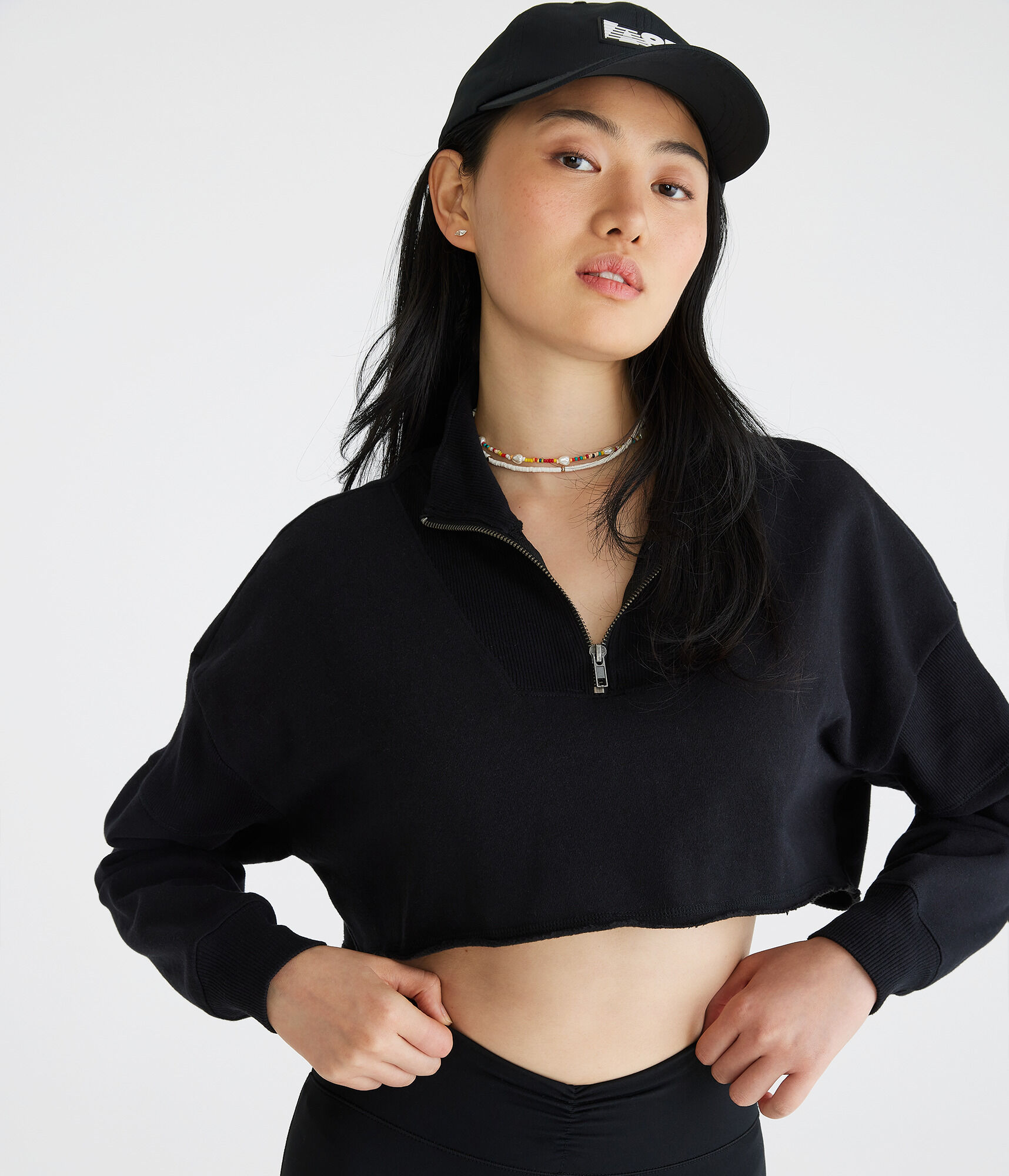 Ribbed Cropped Half-Zip Sweatshirt