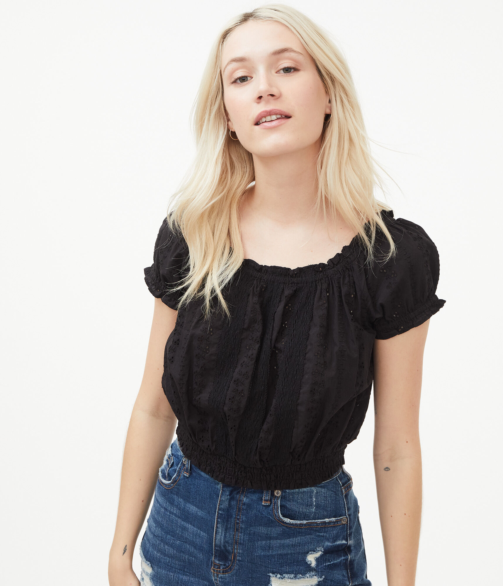 Eyelet Peasant Crop Top