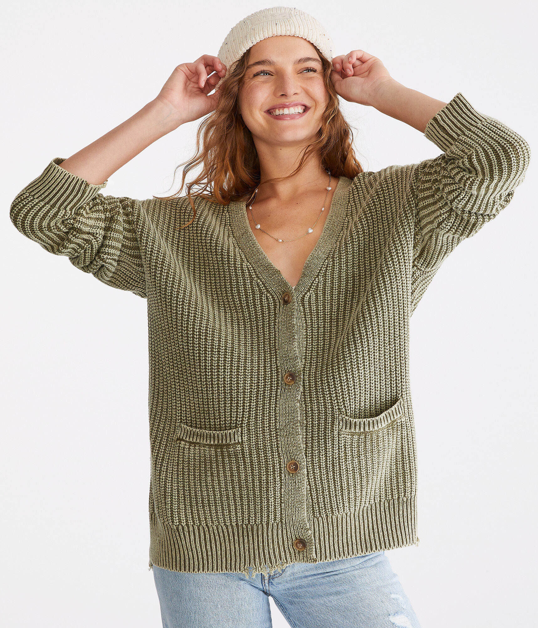Distressed Rib-Knit Cardigan