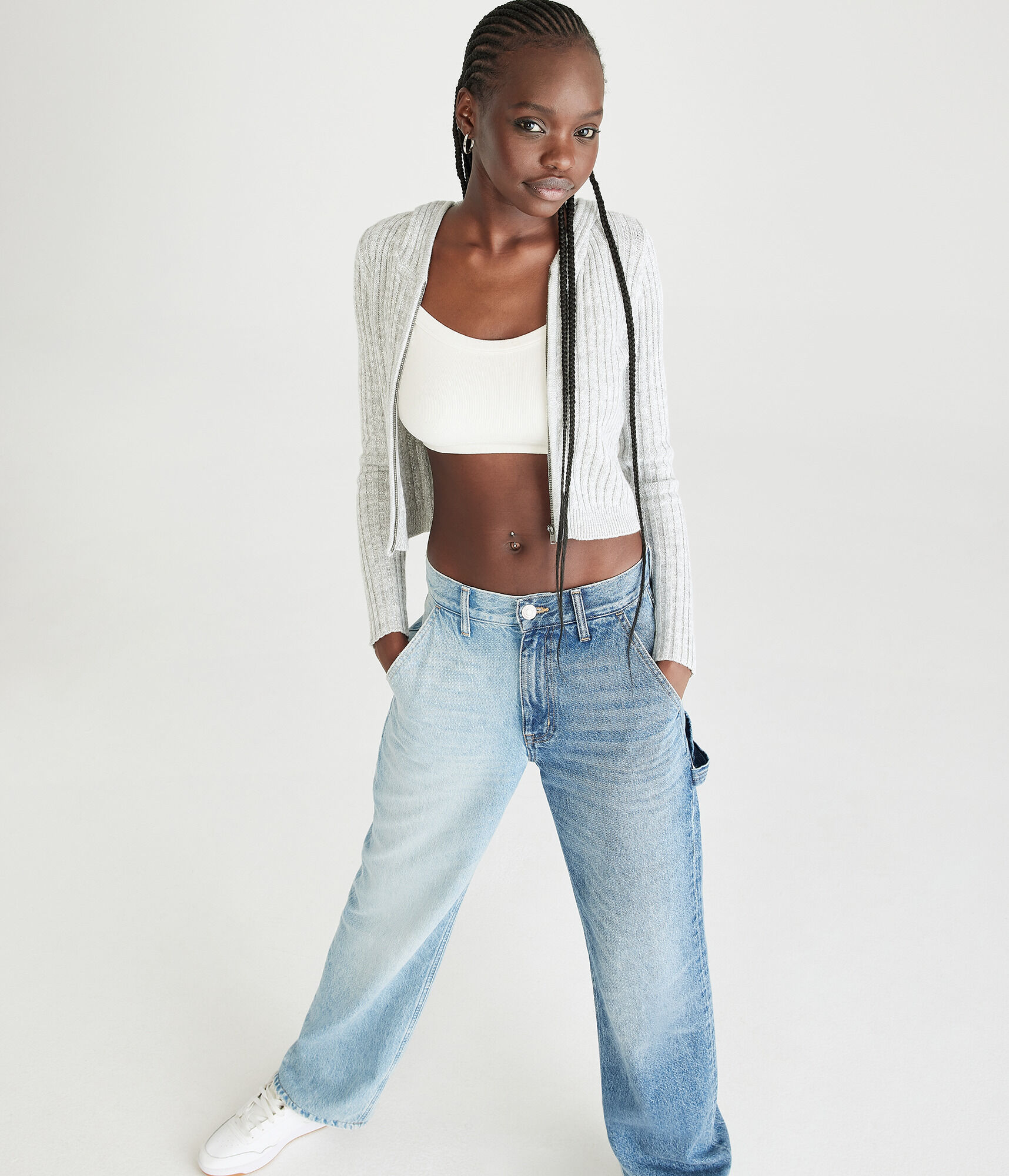 Ribbed Cropped Zip-Front Hooded Sweater